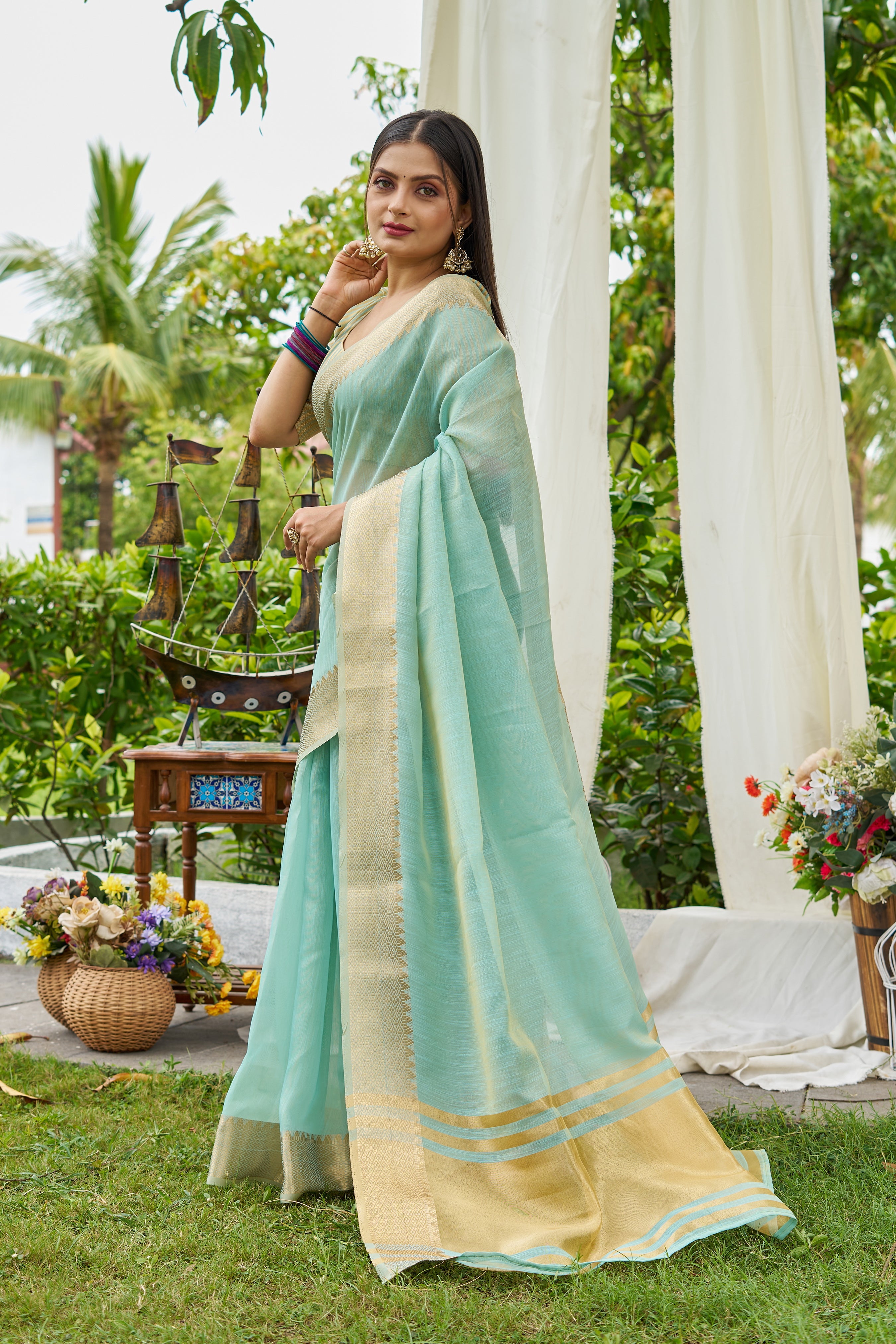 Buy MySilkLove China Blue Woven Linen Saree Online