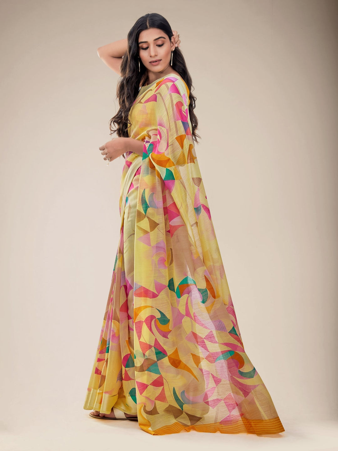 Buy MySilkLove Lemon Yellow Geometric Print Saree Online