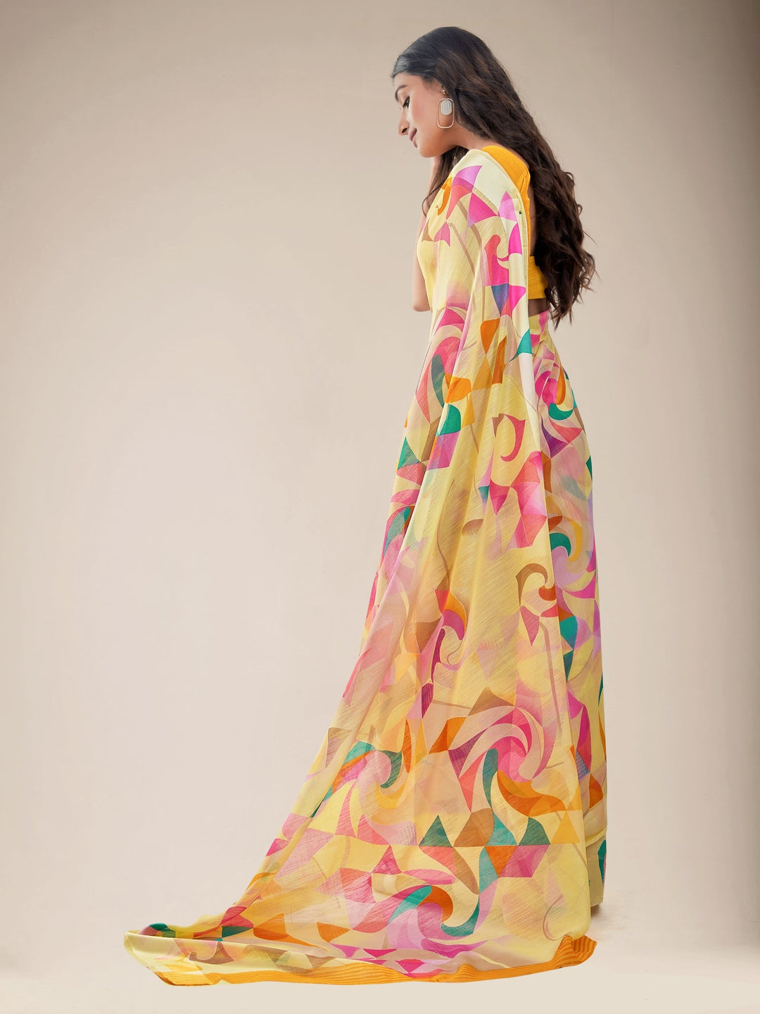 Buy MySilkLove Lemon Yellow Geometric Print Saree Online