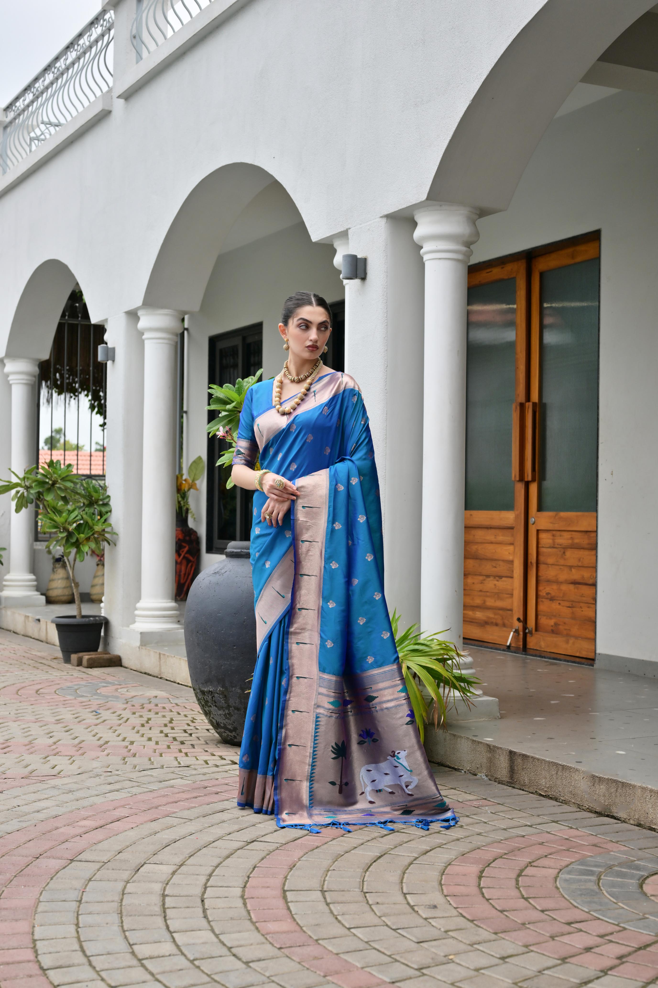 Buy MySilkLove Bondi Blue Woven Paithani Saree Online