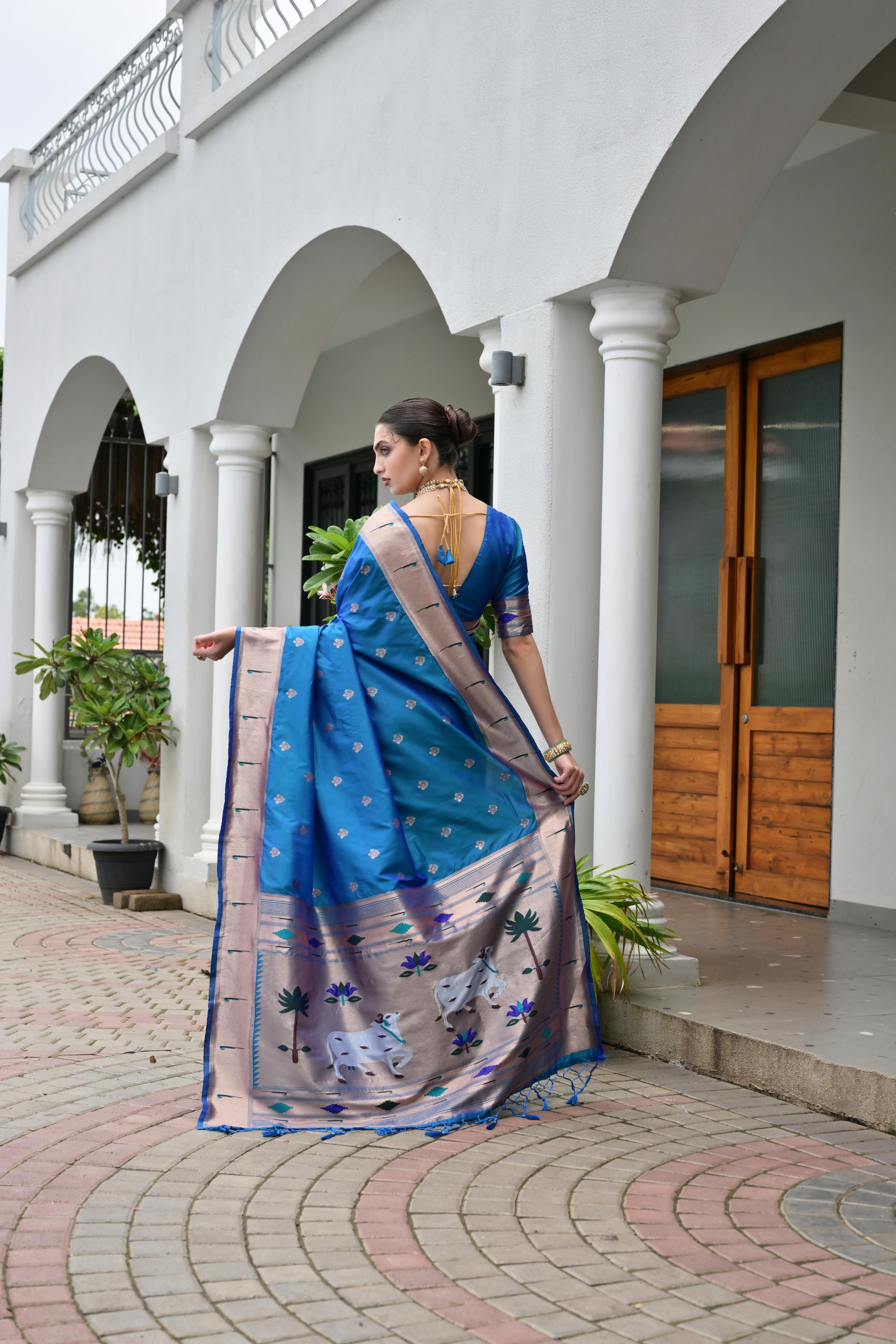 Buy MySilkLove Bondi Blue Woven Paithani Saree Online