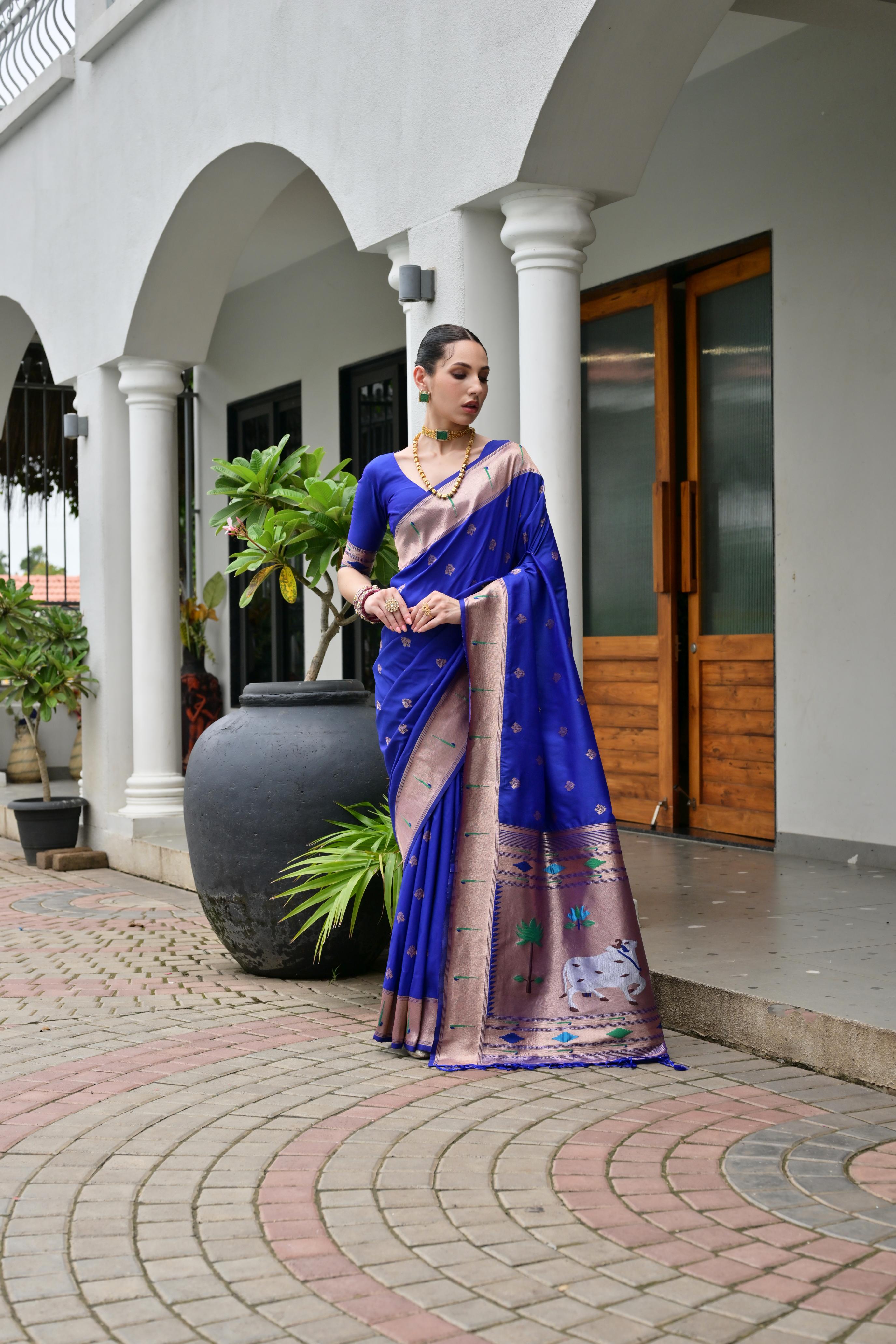 Buy MySilkLove Royal Blue Woven Paithani Saree Online