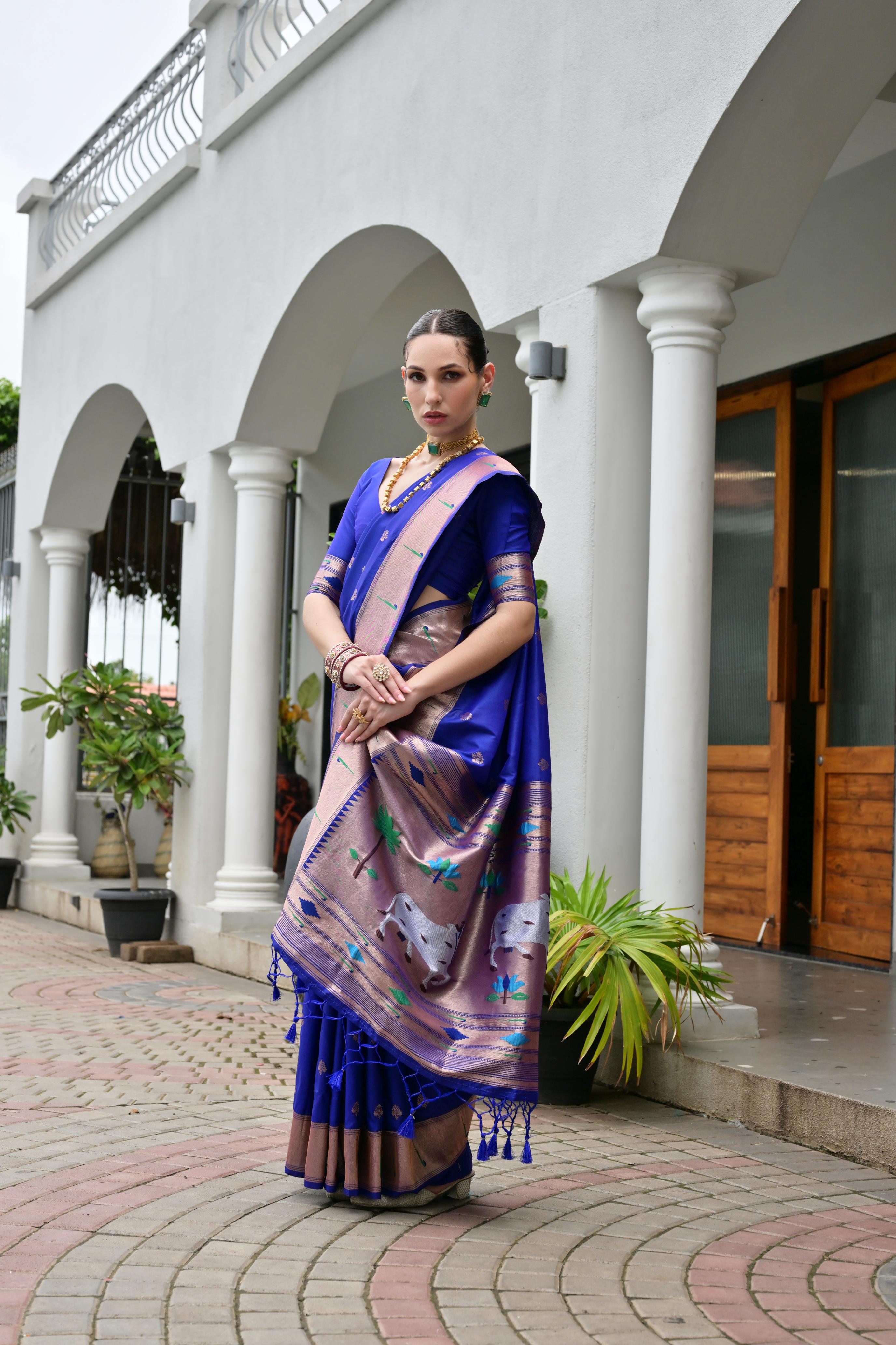 Buy MySilkLove Royal Blue Woven Paithani Saree Online