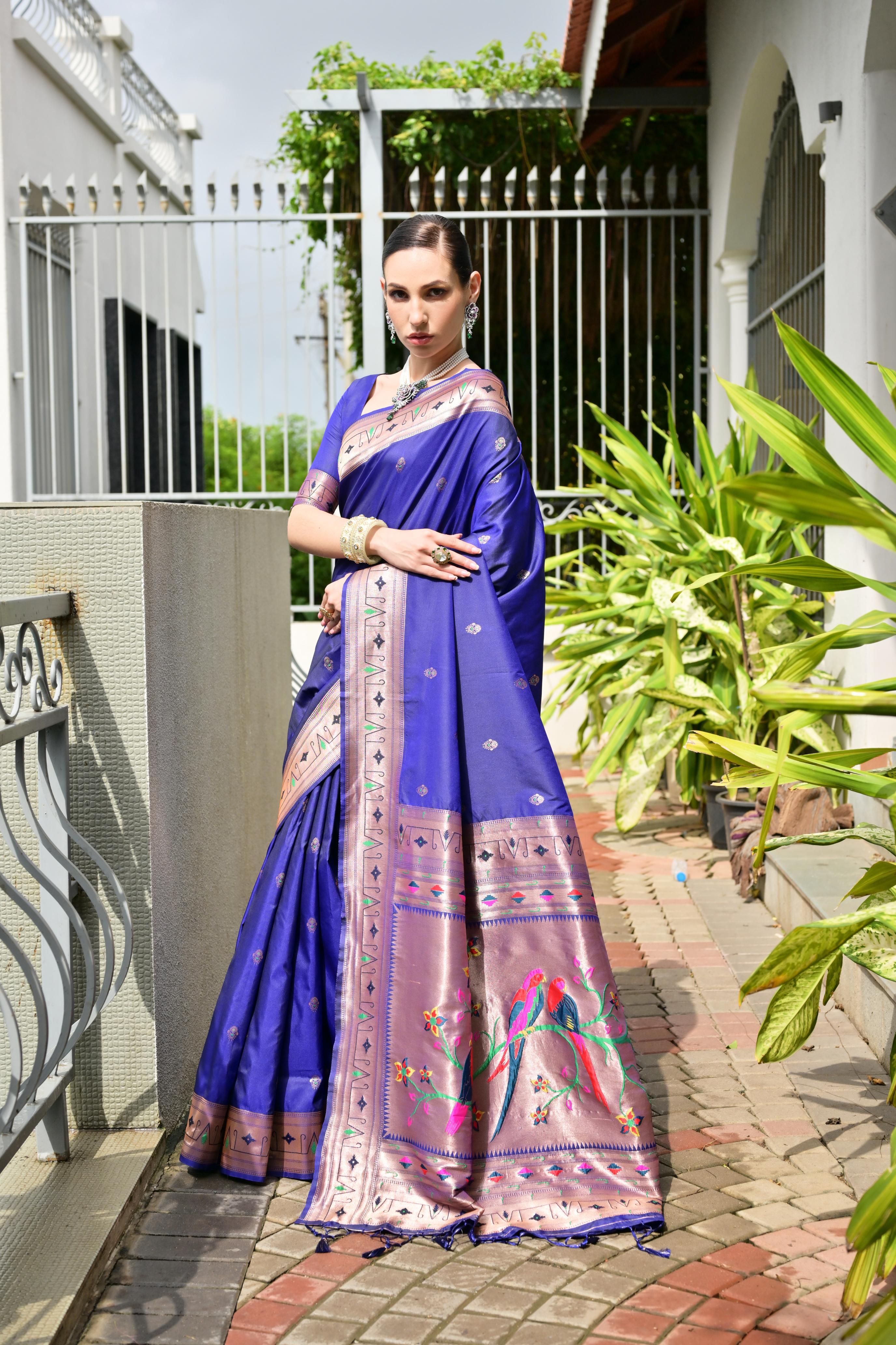 Buy MySilkLove Zodiac Blue Woven Paithani Saree Online