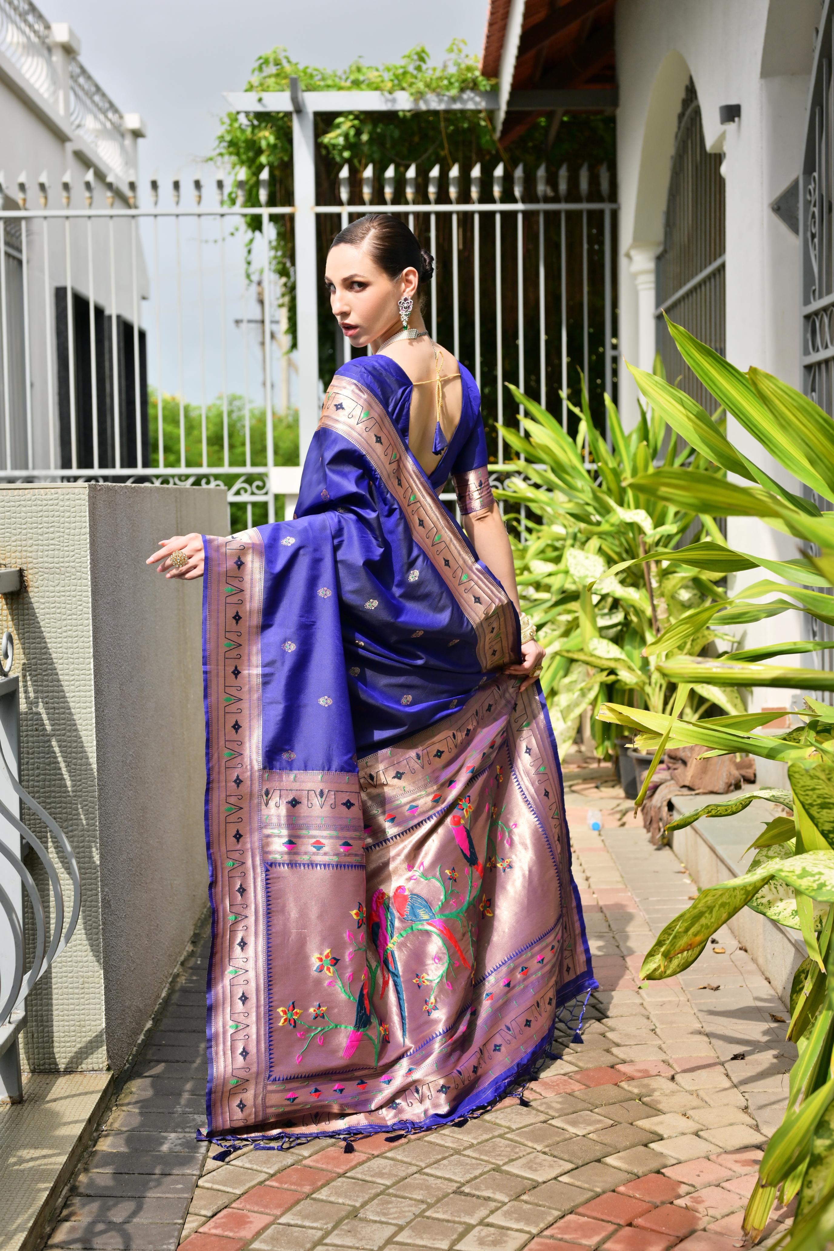 Buy MySilkLove Zodiac Blue Woven Paithani Saree Online