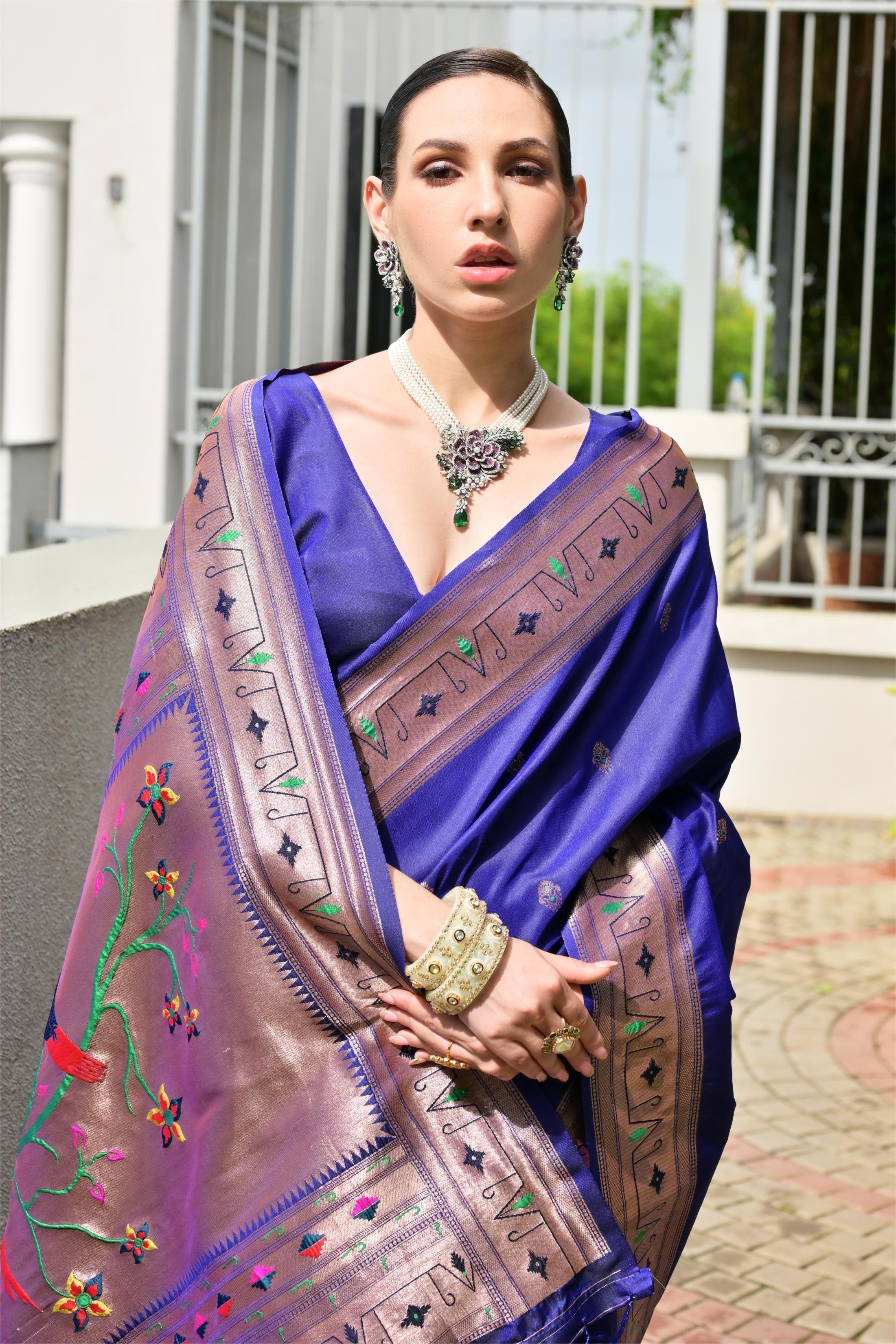 Buy MySilkLove Zodiac Blue Woven Paithani Saree Online