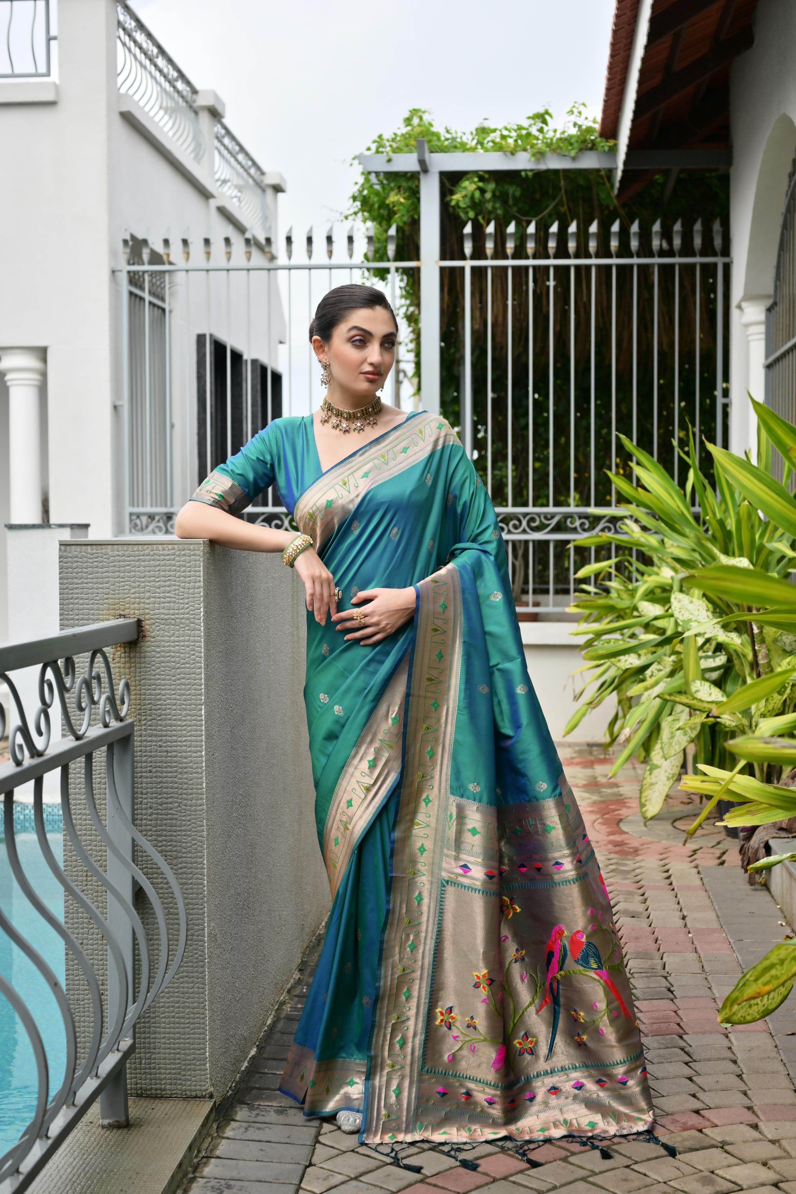 Buy MySilkLove Peacock Green Woven Paithani Saree Online