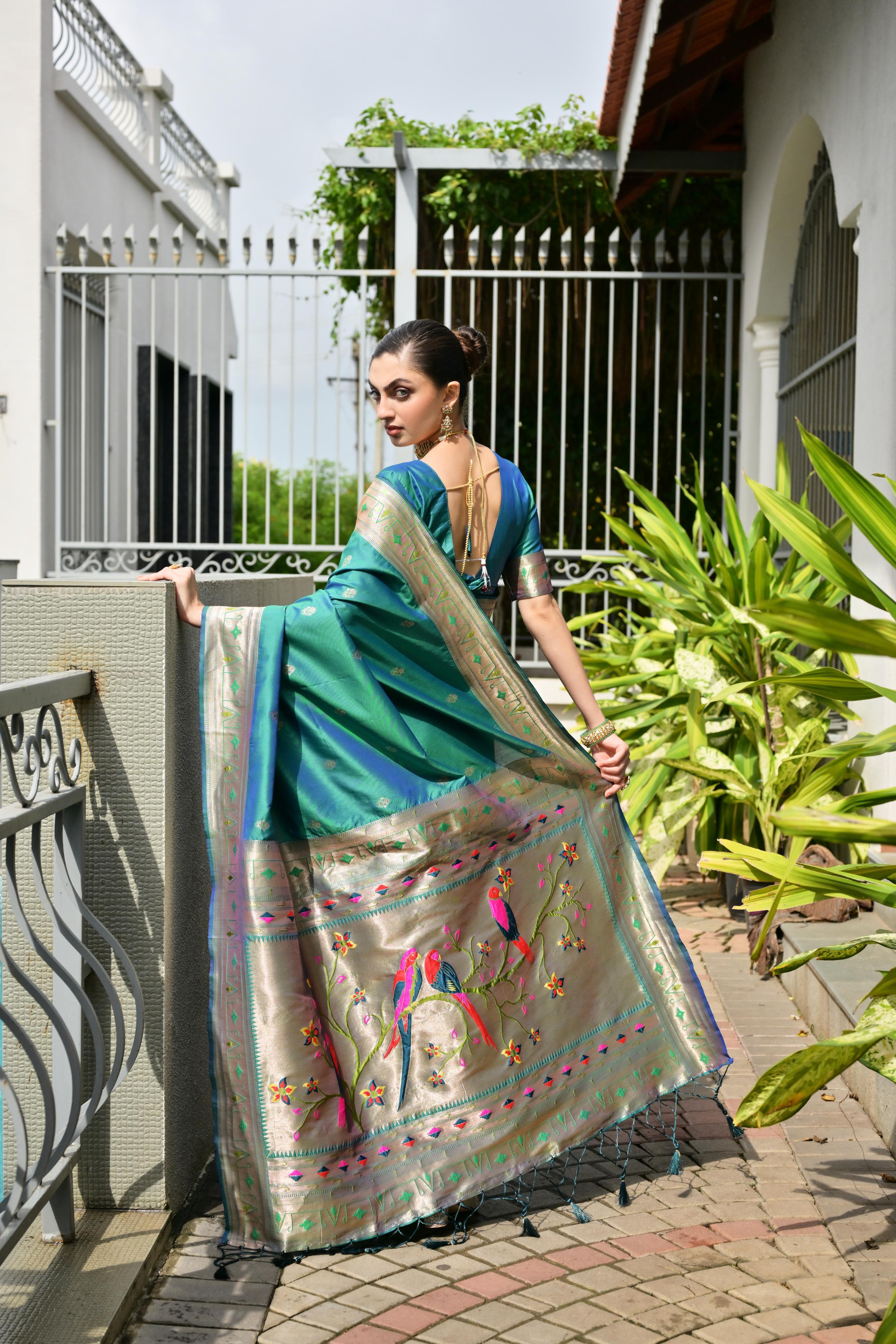 Buy MySilkLove Peacock Green Woven Paithani Saree Online