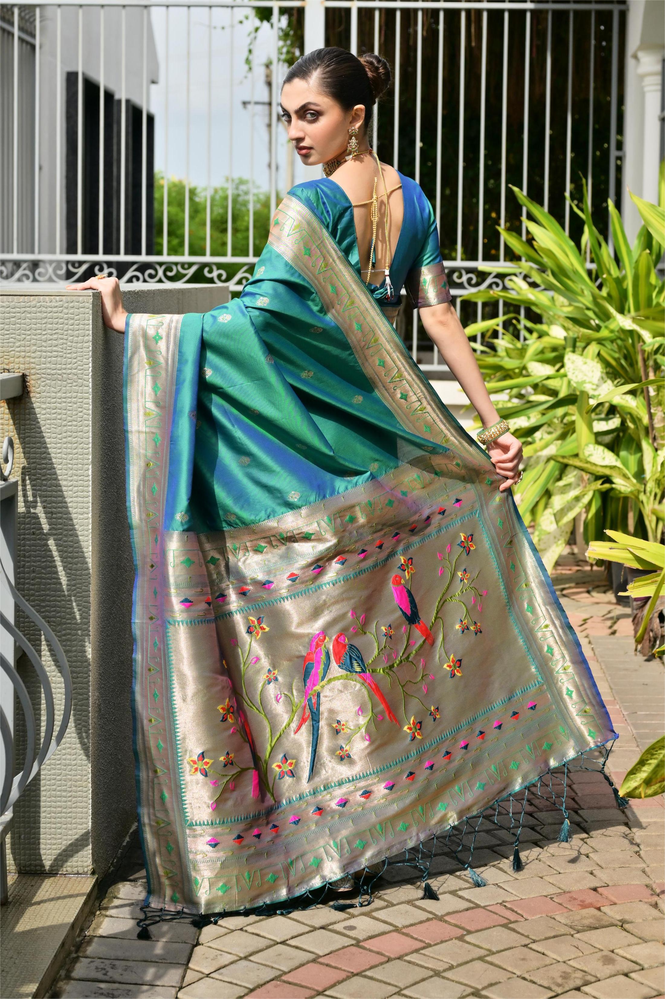 Buy MySilkLove Peacock Green Woven Paithani Saree Online
