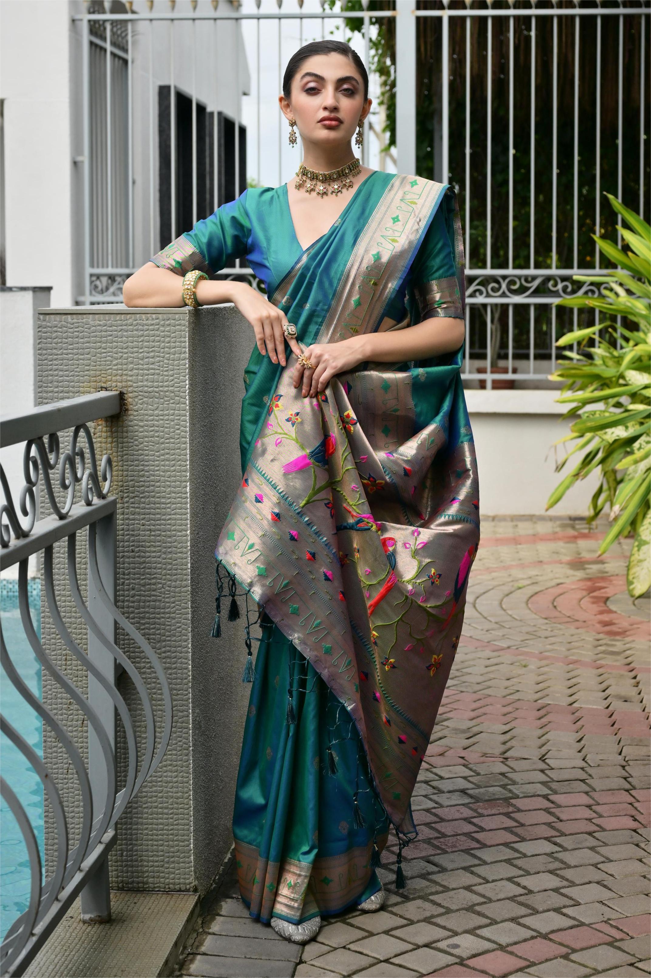 Buy MySilkLove Peacock Green Woven Paithani Saree Online