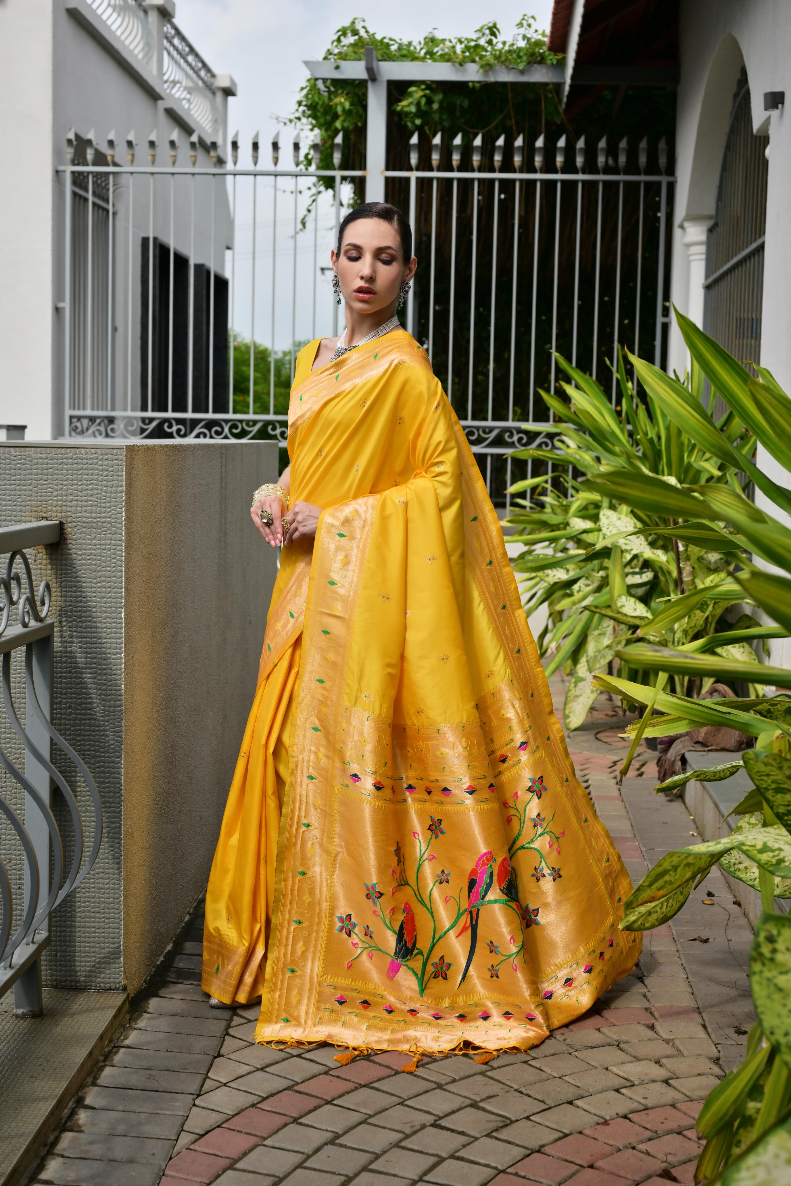Buy MySilkLove Coneflowers Yellow Woven Paithani Saree Online