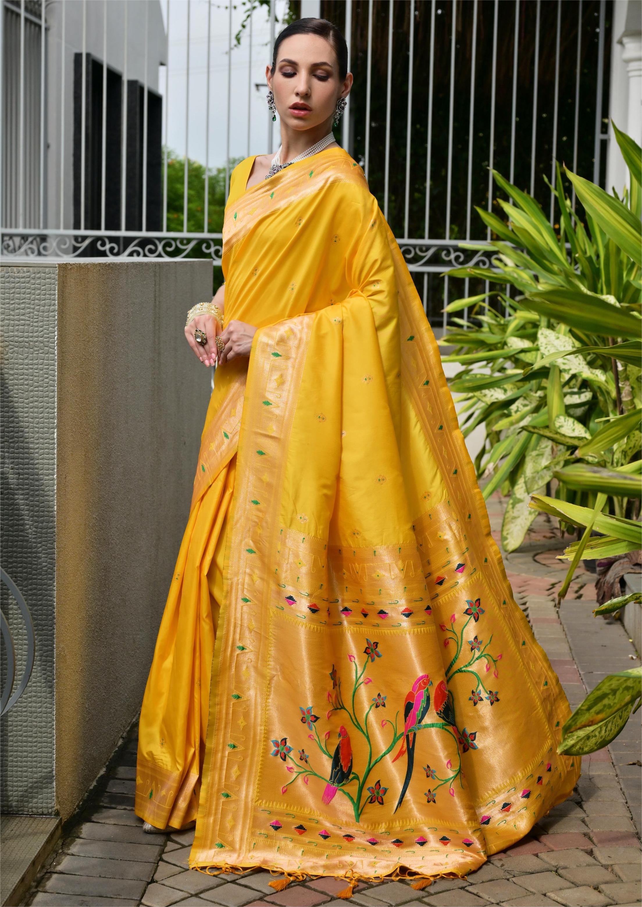 Buy MySilkLove Coneflowers Yellow Woven Paithani Saree Online