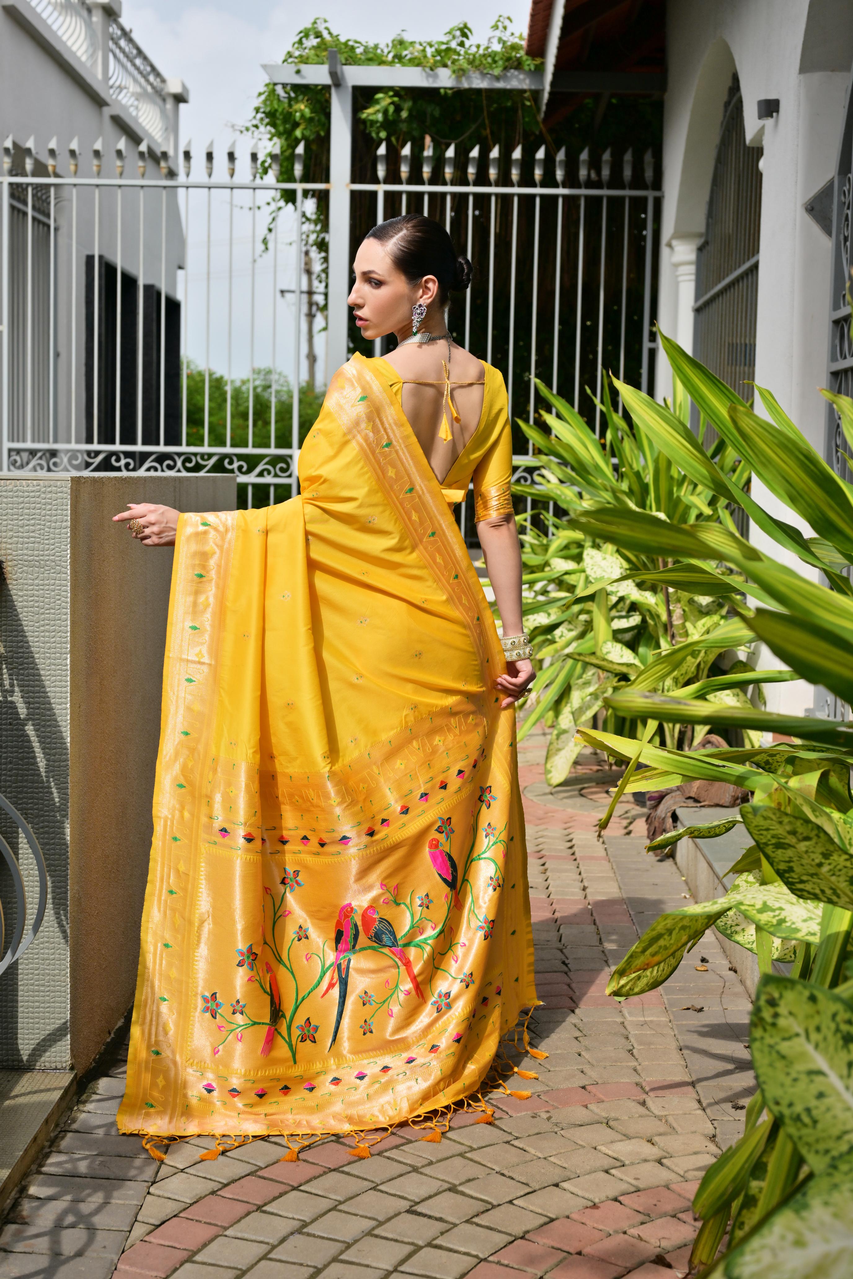 Buy MySilkLove Coneflowers Yellow Woven Paithani Saree Online