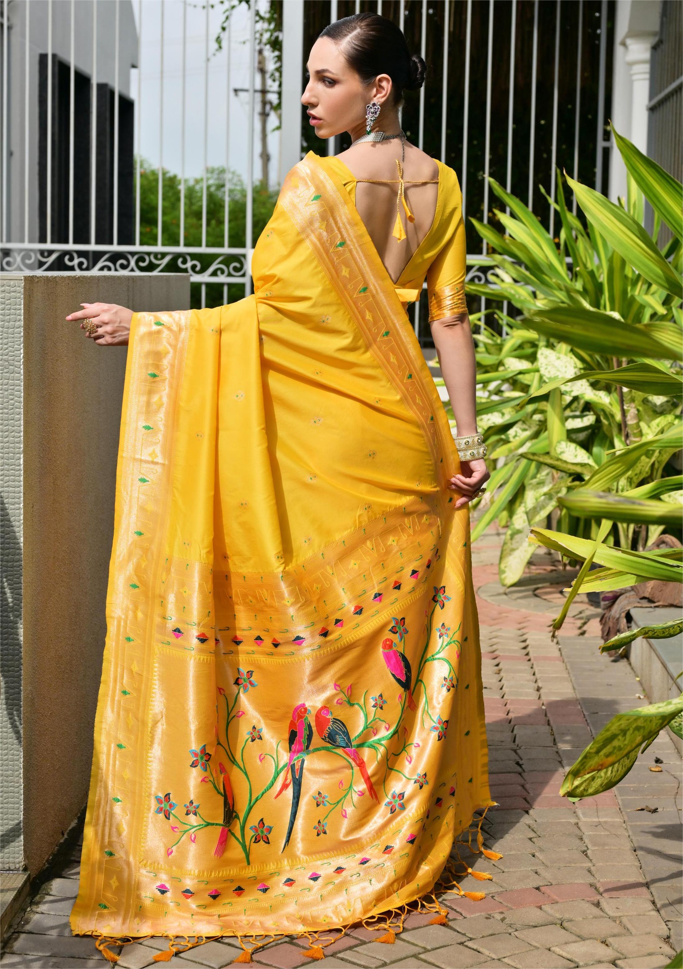 Buy MySilkLove Coneflowers Yellow Woven Paithani Saree Online