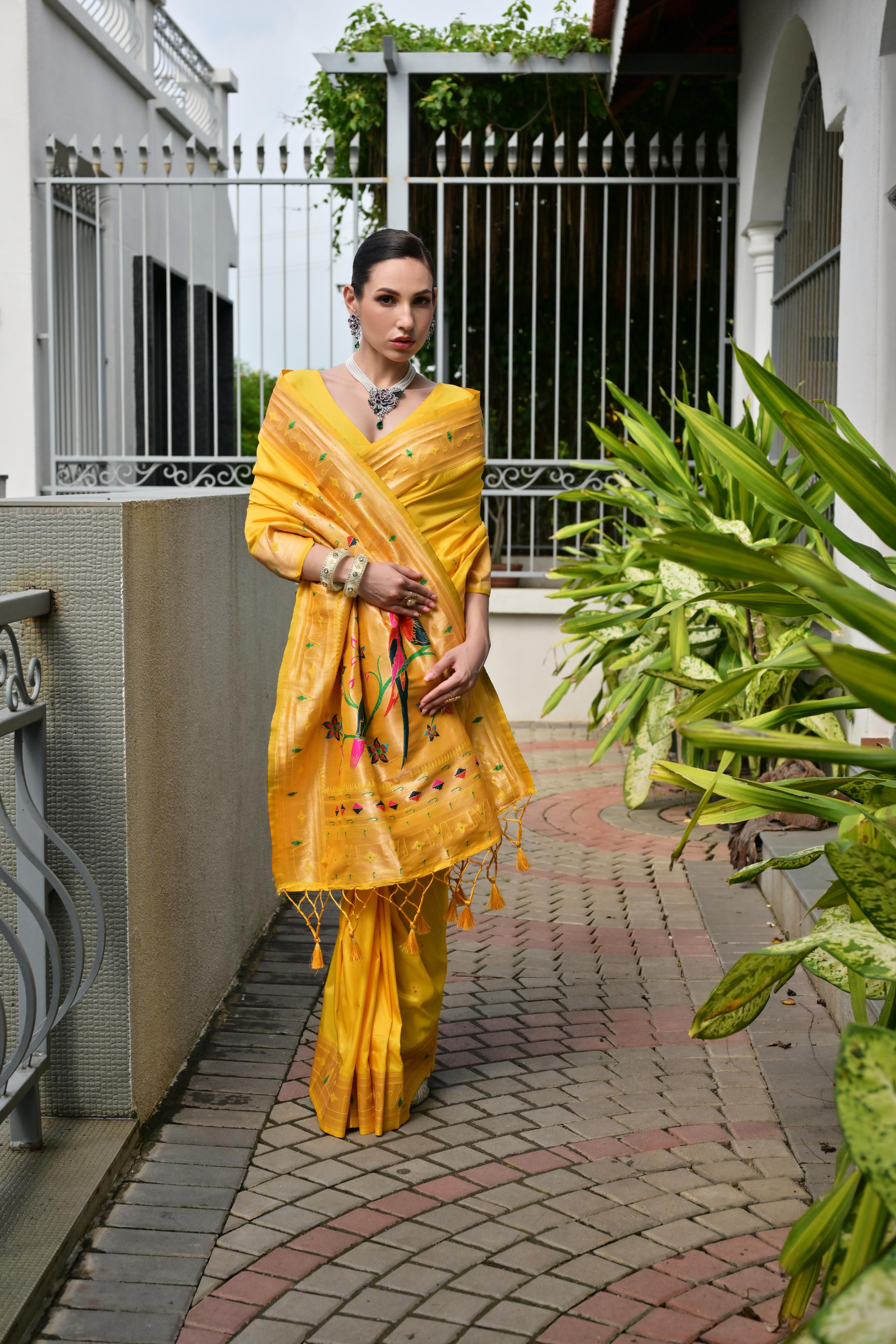 Buy MySilkLove Coneflowers Yellow Woven Paithani Saree Online