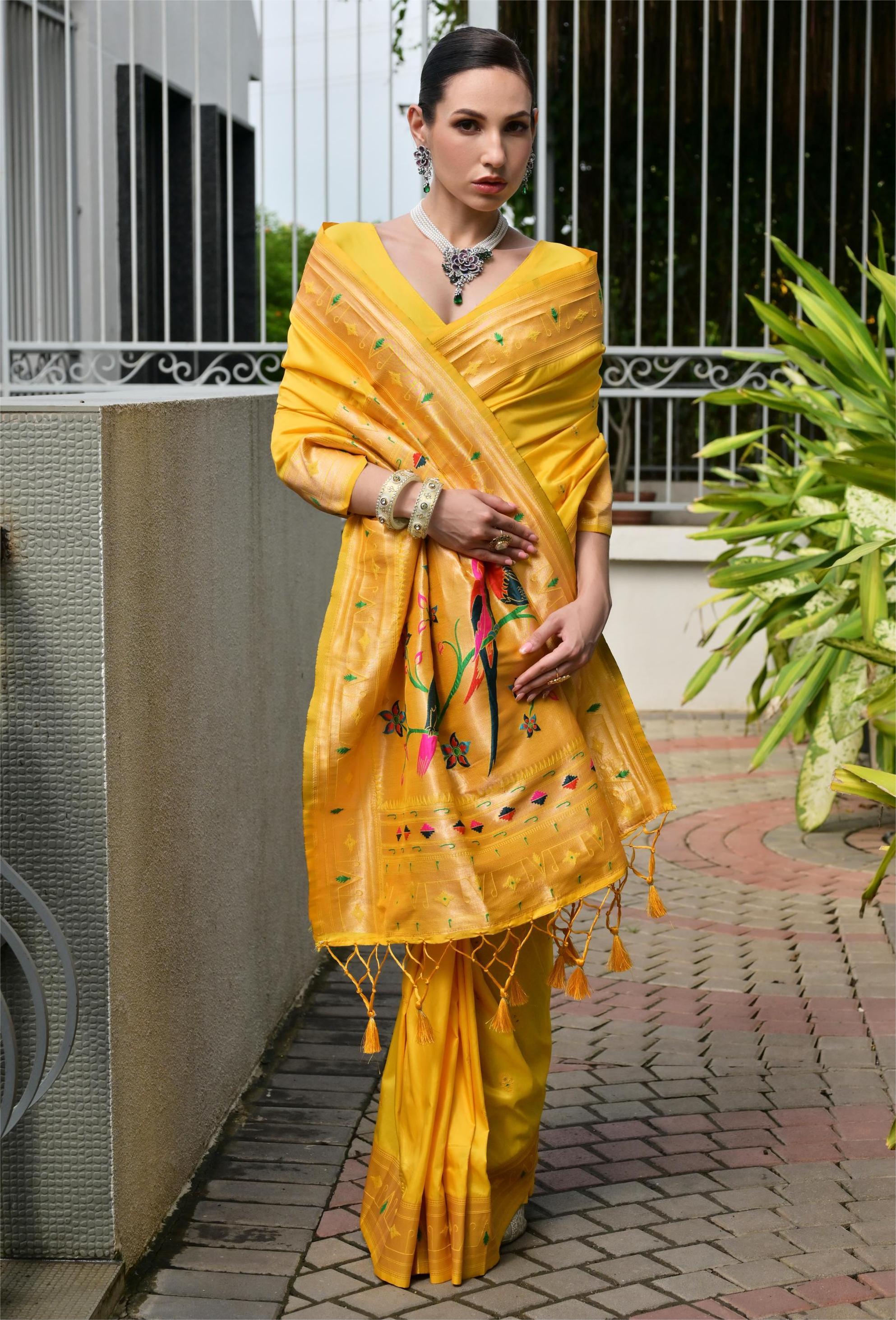 Buy MySilkLove Coneflowers Yellow Woven Paithani Saree Online