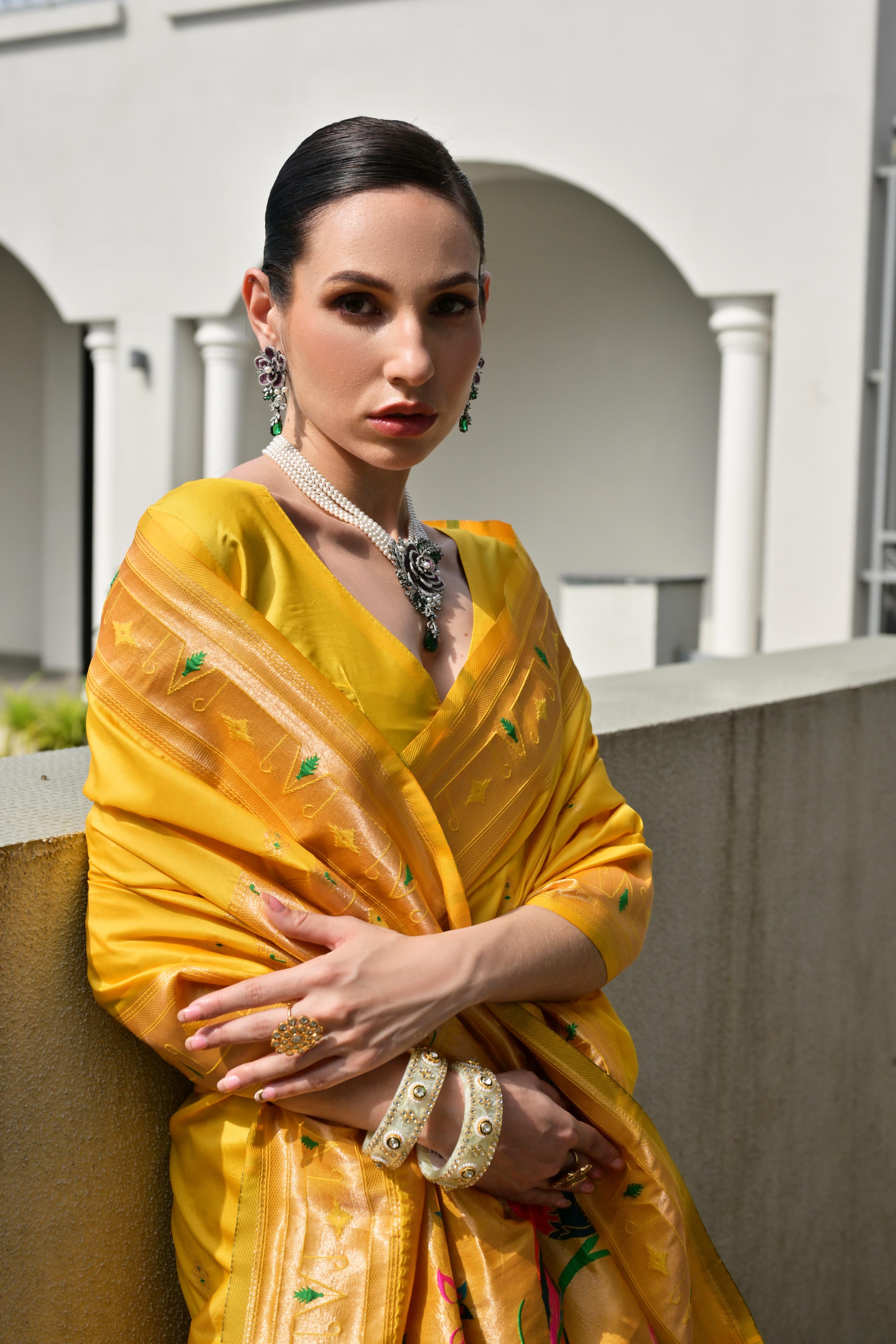 MySilkLove Coneflowers Yellow Woven Paithani Saree
