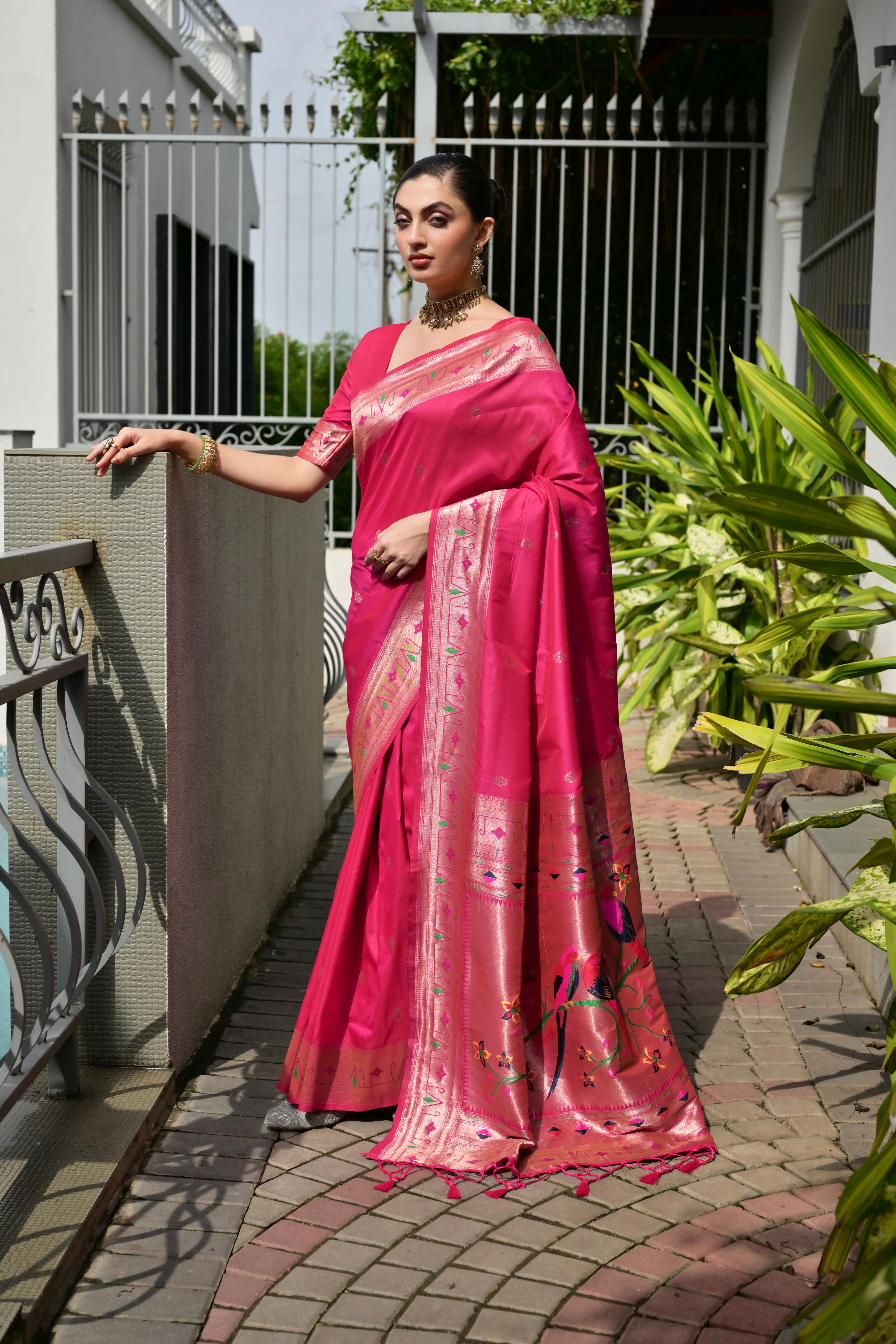 Buy MySilkLove Camellia Dark Pink Woven Paithani Saree Online