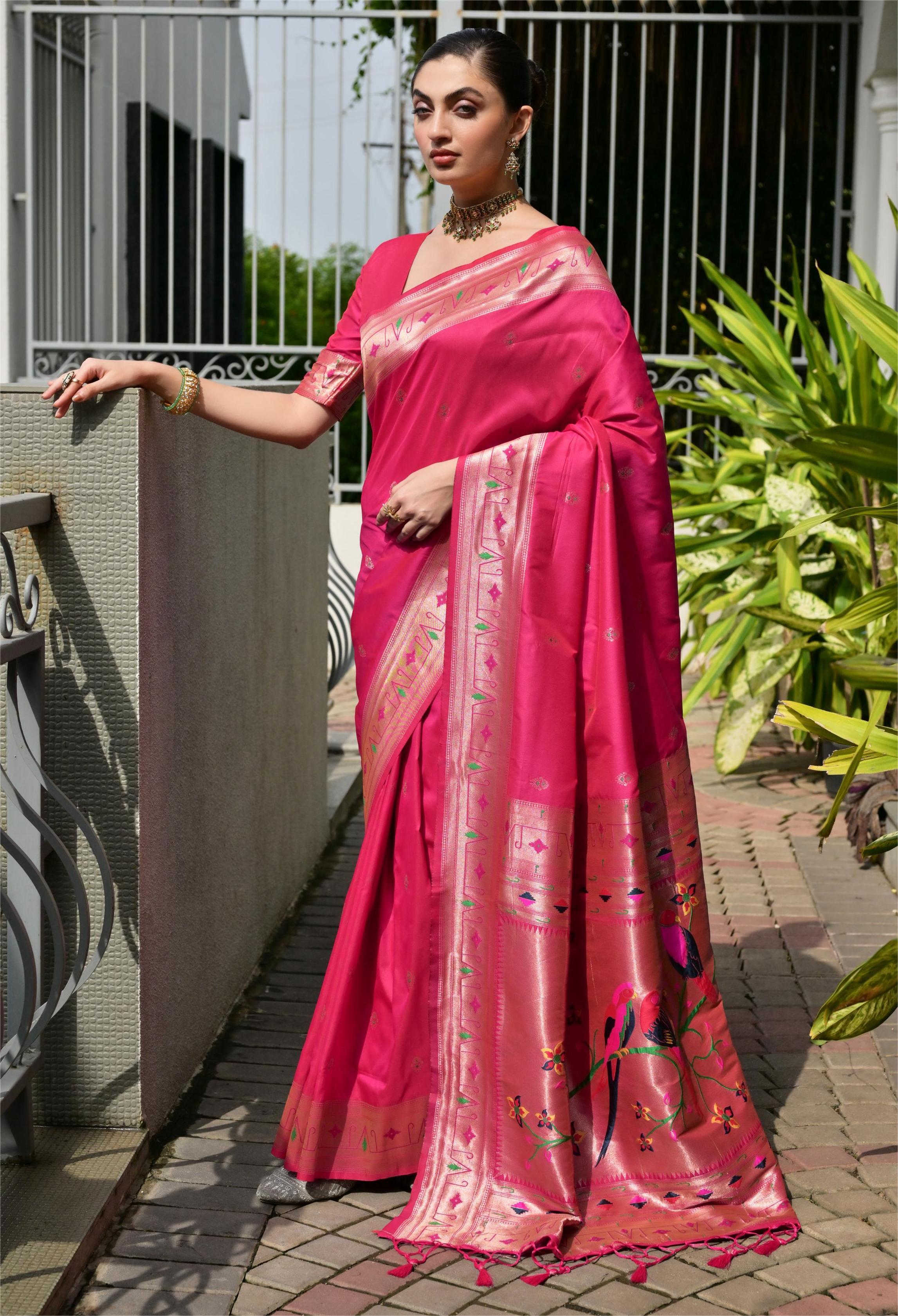 Buy MySilkLove Camellia Dark Pink Woven Paithani Saree Online