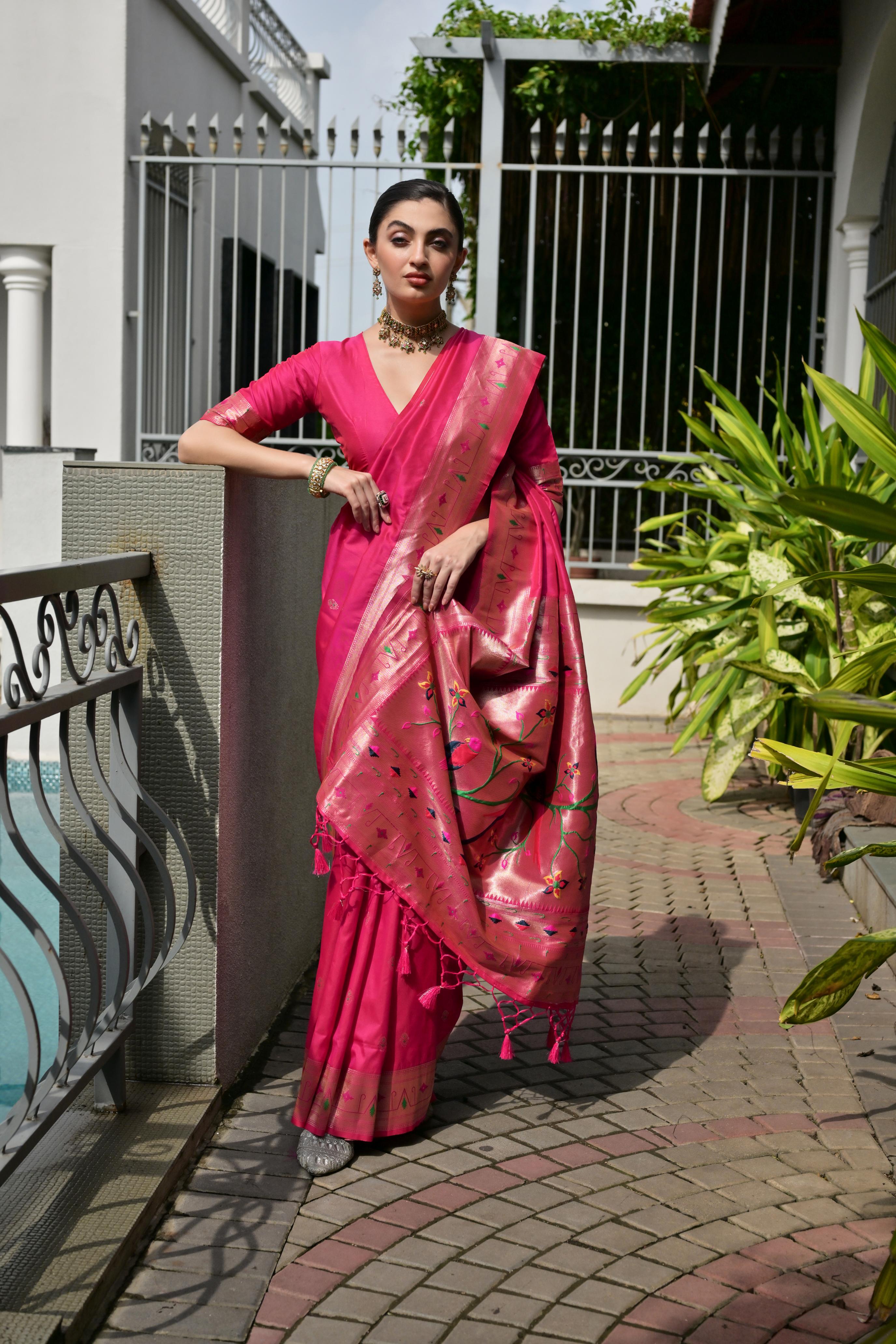 Buy MySilkLove Camellia Dark Pink Woven Paithani Saree Online