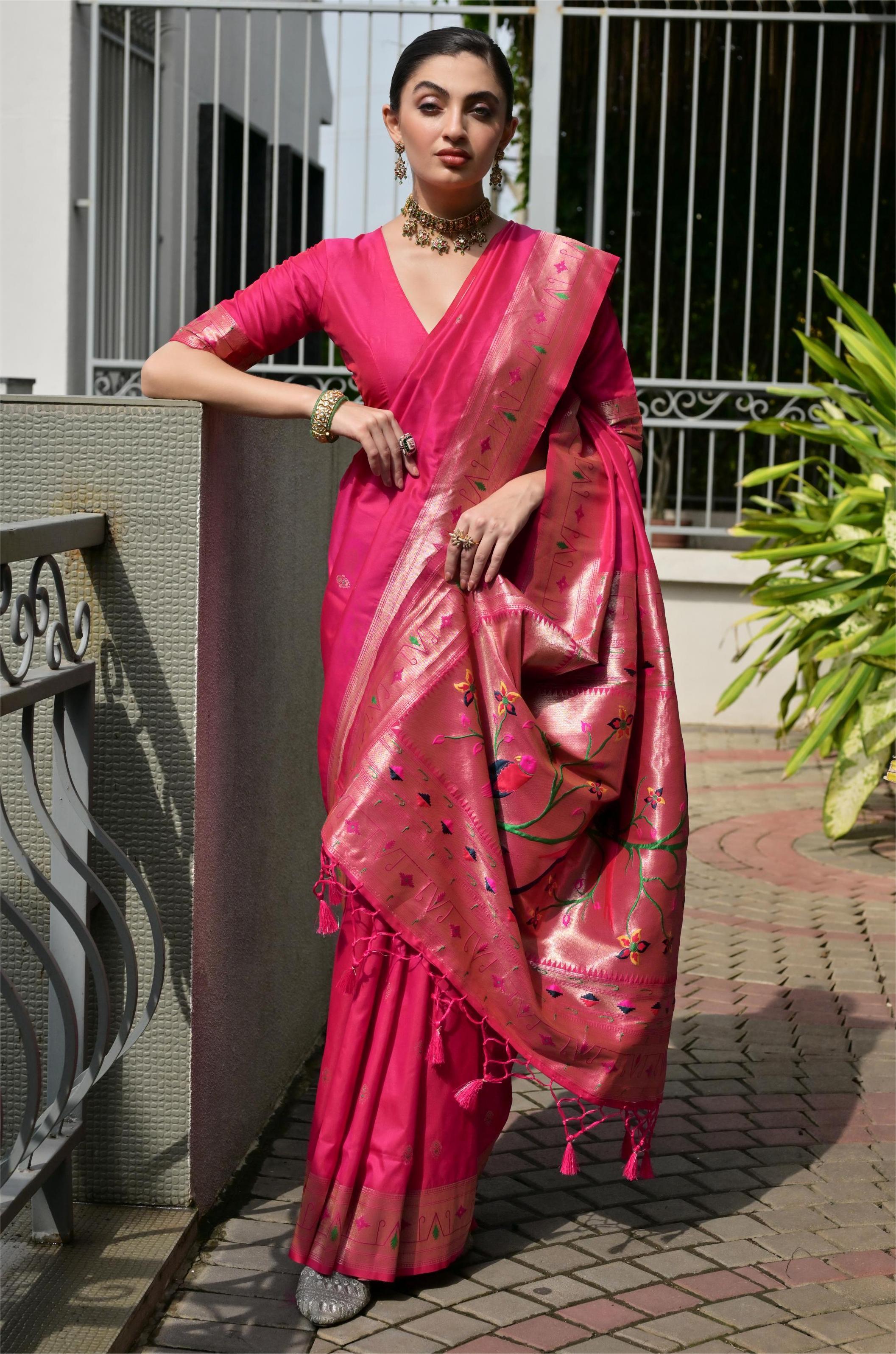 Buy MySilkLove Camellia Dark Pink Woven Paithani Saree Online
