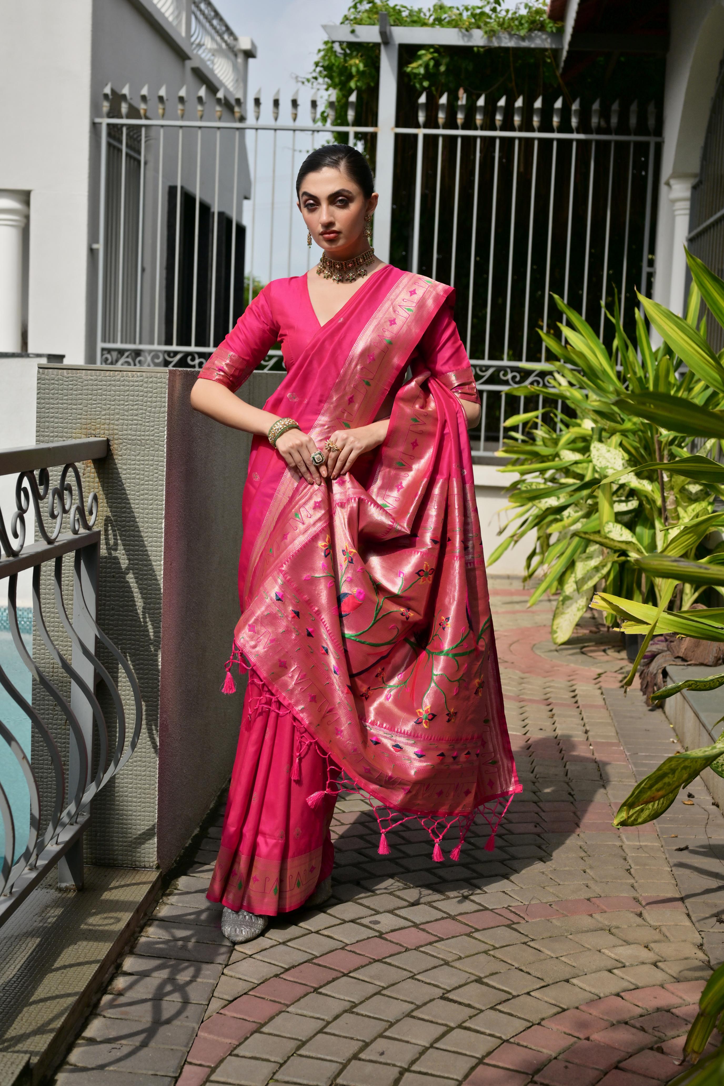 Buy MySilkLove Camellia Dark Pink Woven Paithani Saree Online