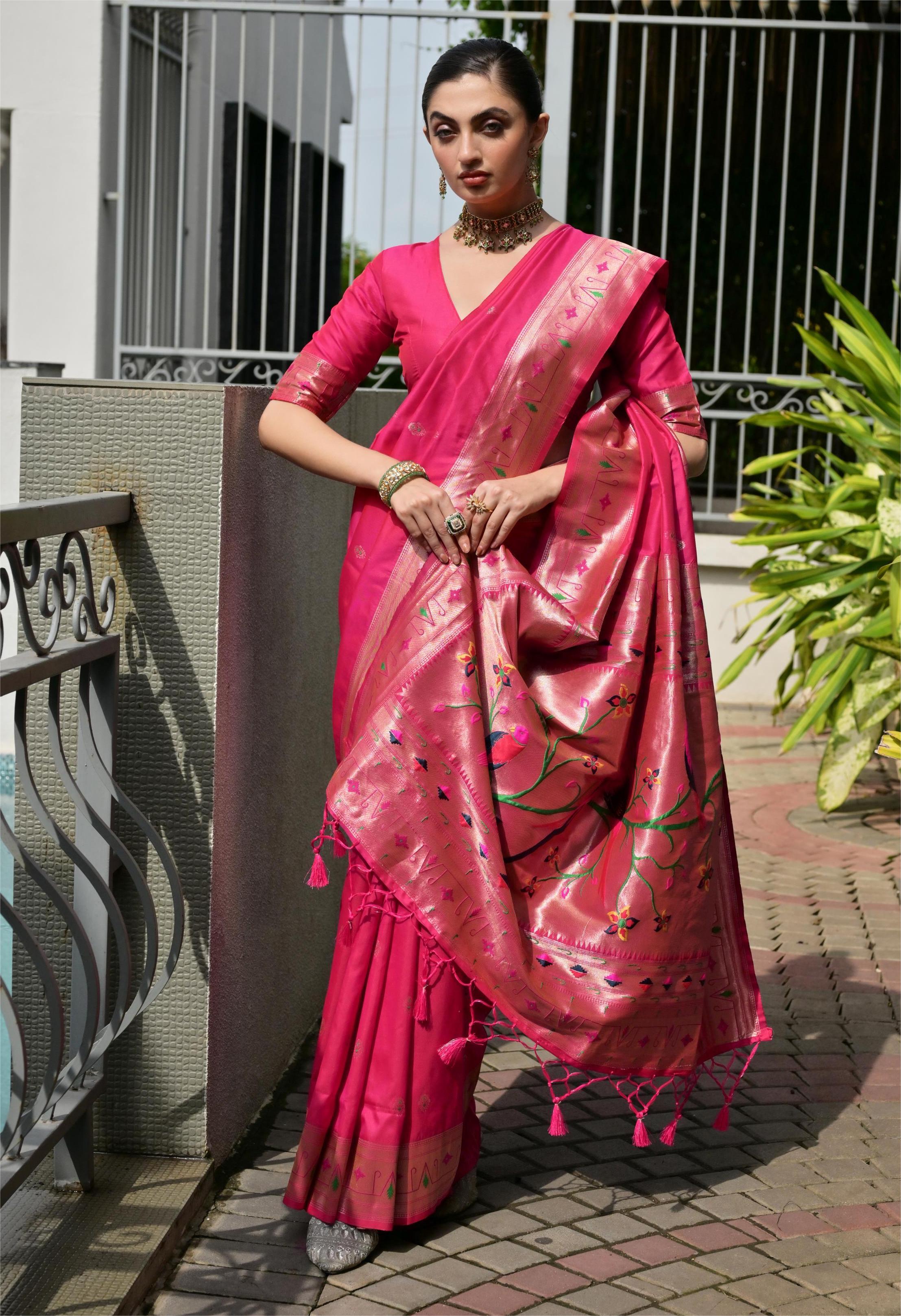 Buy MySilkLove Camellia Dark Pink Woven Paithani Saree Online