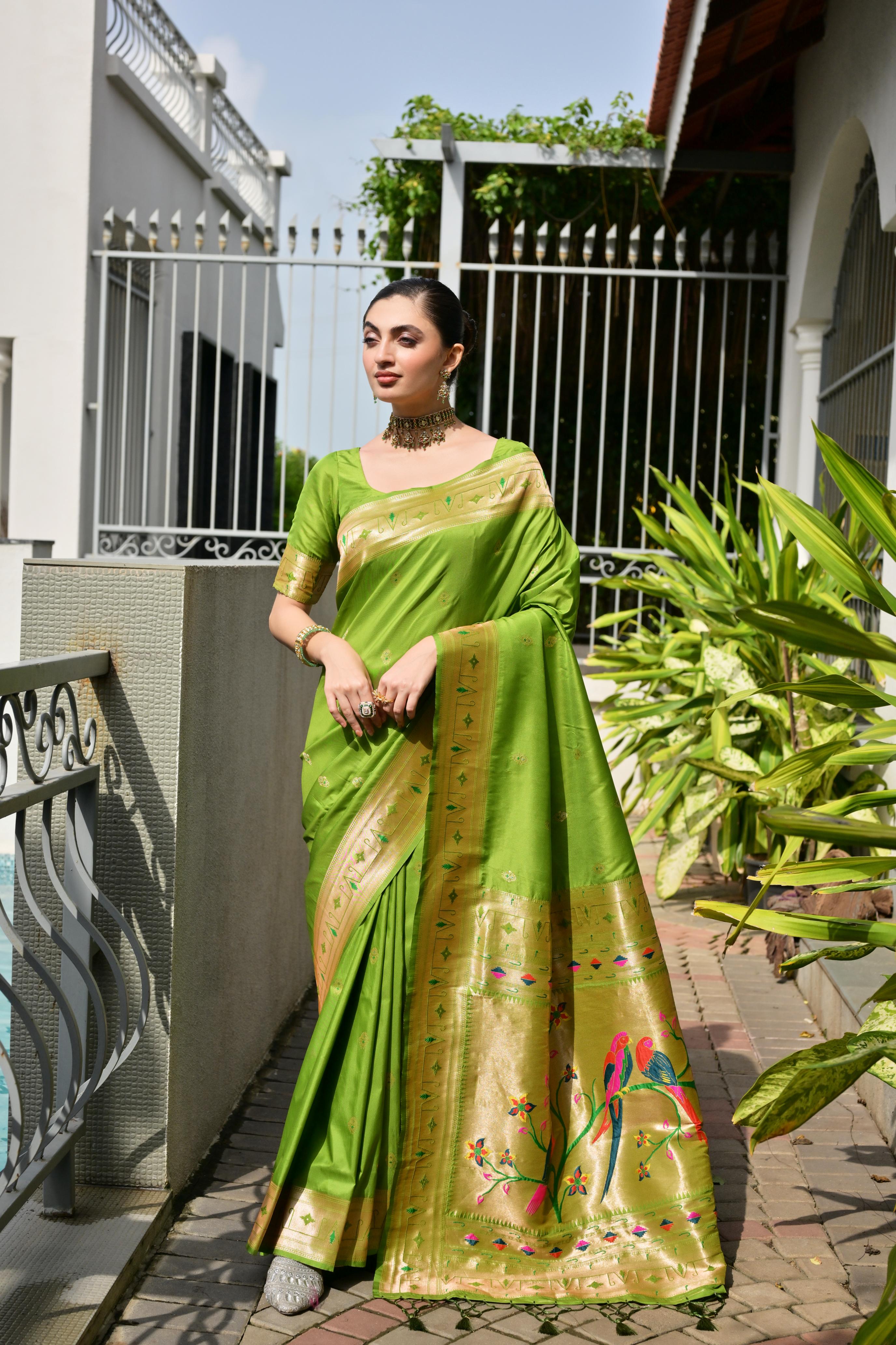 Buy MySilkLove Gladiolus Green Woven Paithani Saree Online