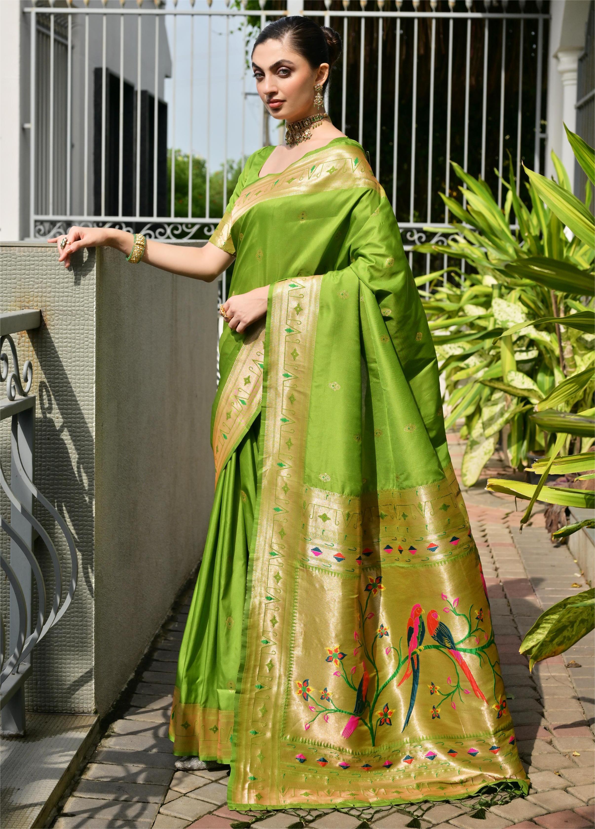 Buy MySilkLove Gladiolus Green Woven Paithani Saree Online