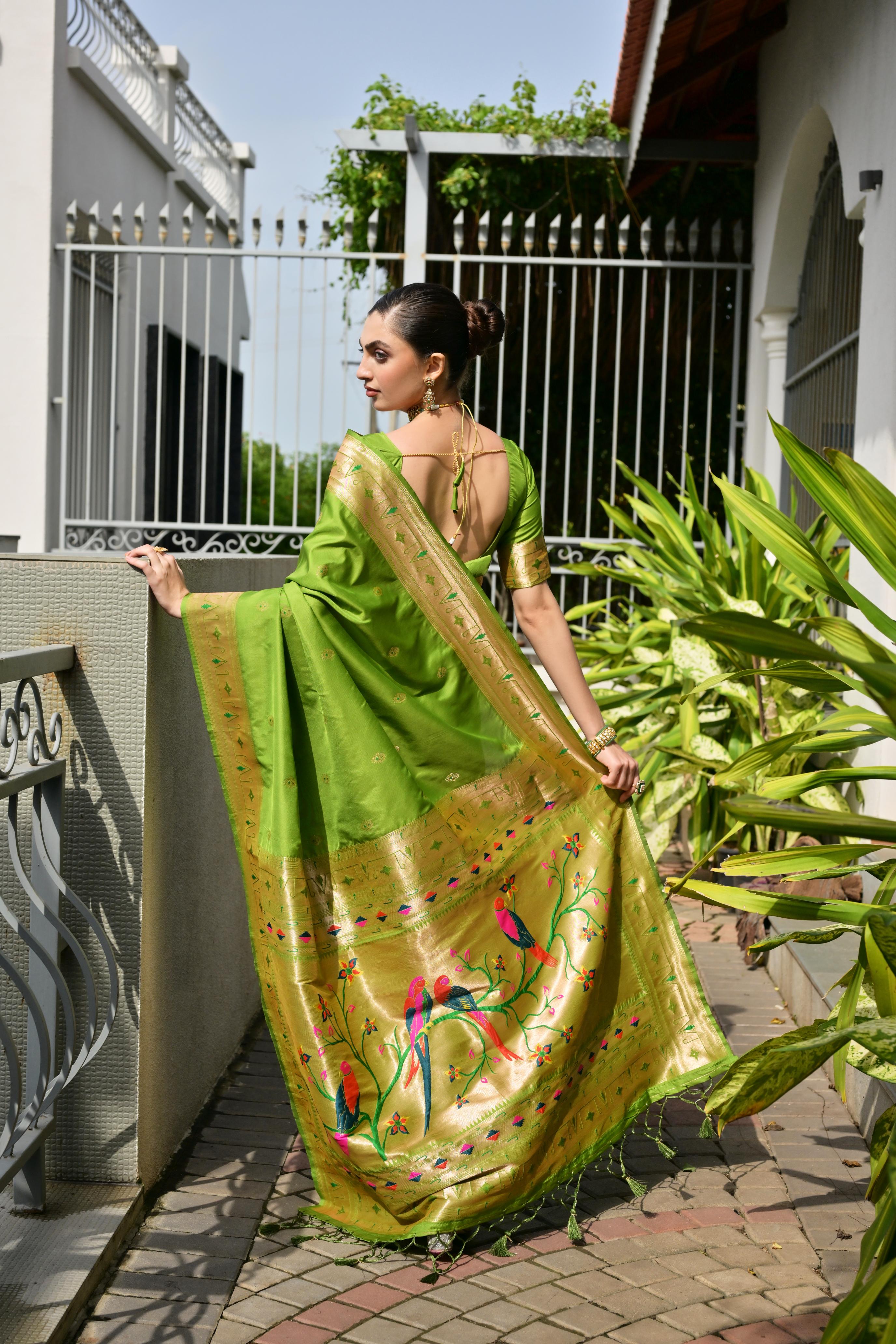 Buy MySilkLove Gladiolus Green Woven Paithani Saree Online