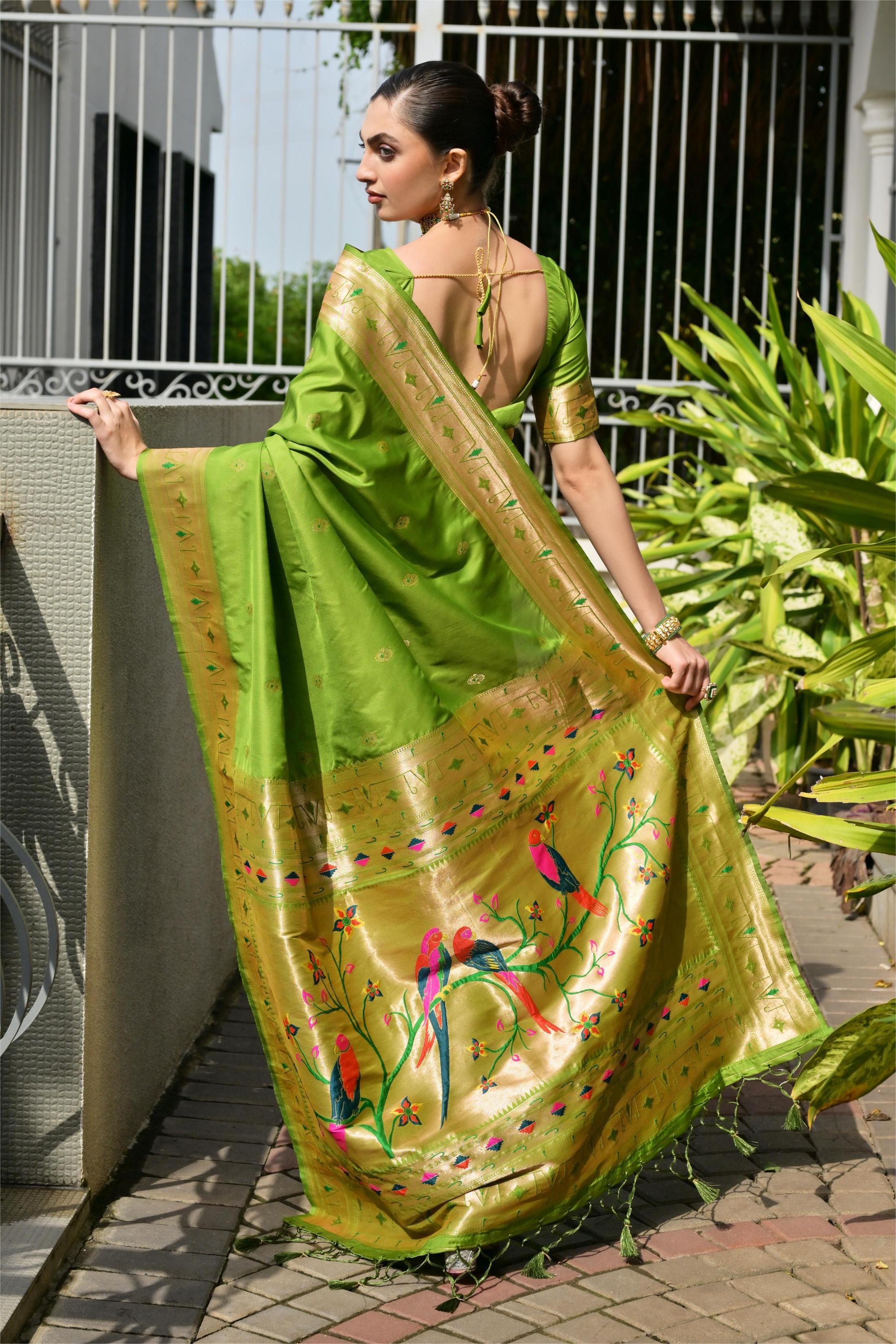 Buy MySilkLove Gladiolus Green Woven Paithani Saree Online