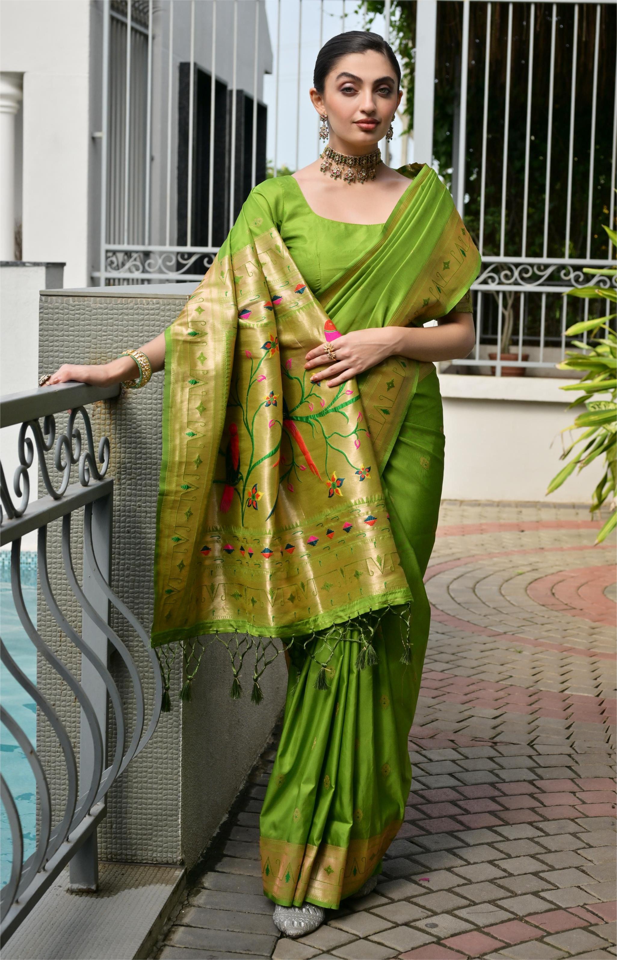 Buy MySilkLove Gladiolus Green Woven Paithani Saree Online