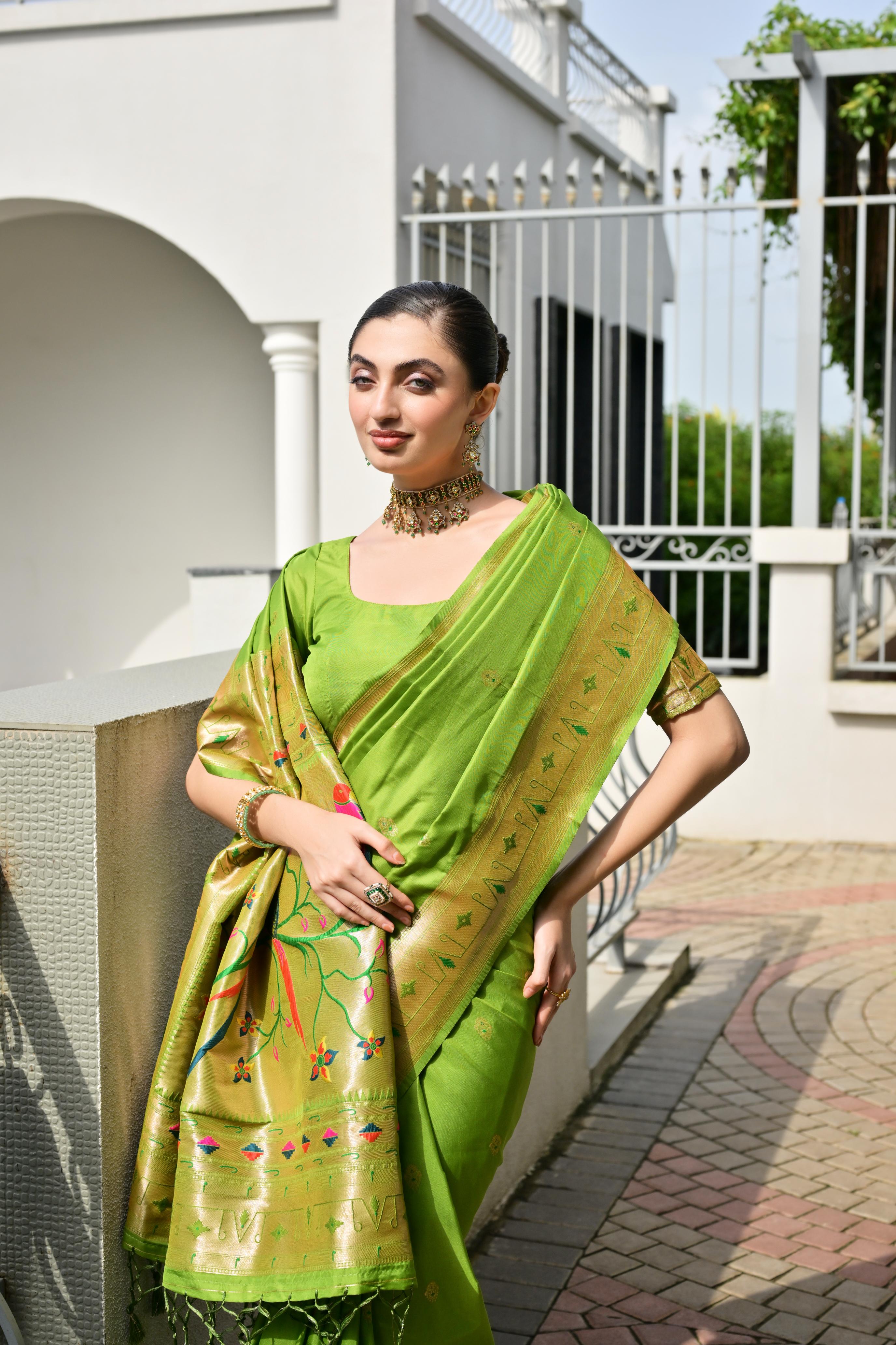 MySilkLove Gladiolus Green Woven Paithani Saree