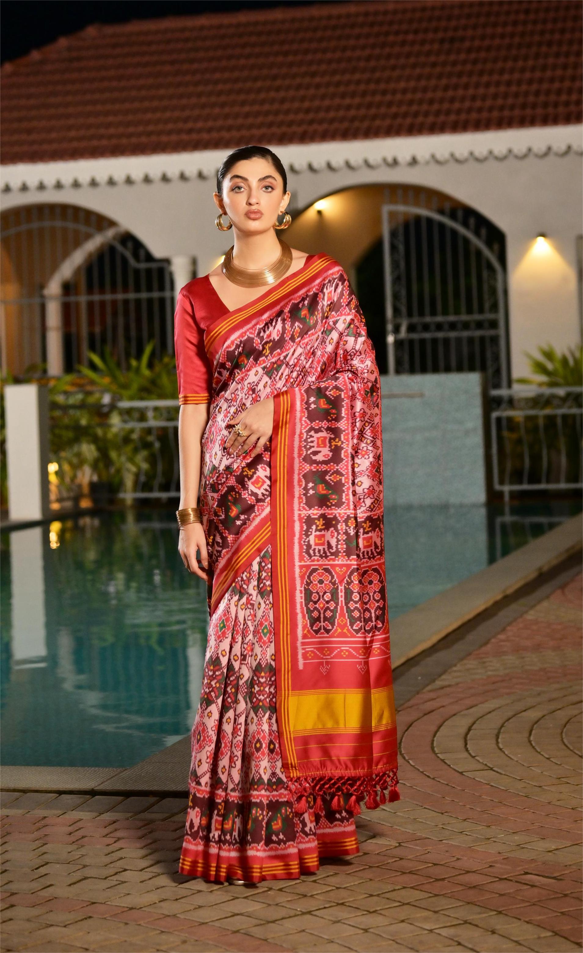 Buy MySilkLove Peony Pink Printed Patola Soft Silk Saree Online