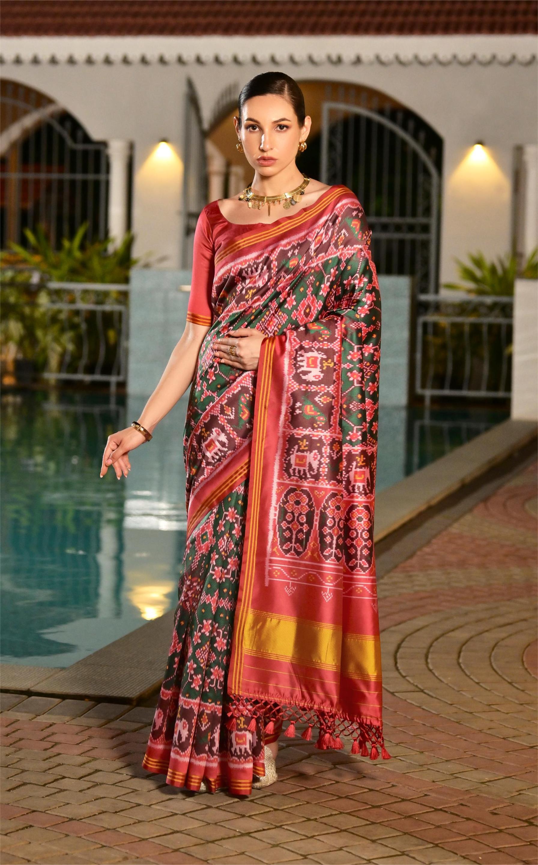 Buy MySilkLove Mantis Green Printed Patola Soft Silk Saree Online