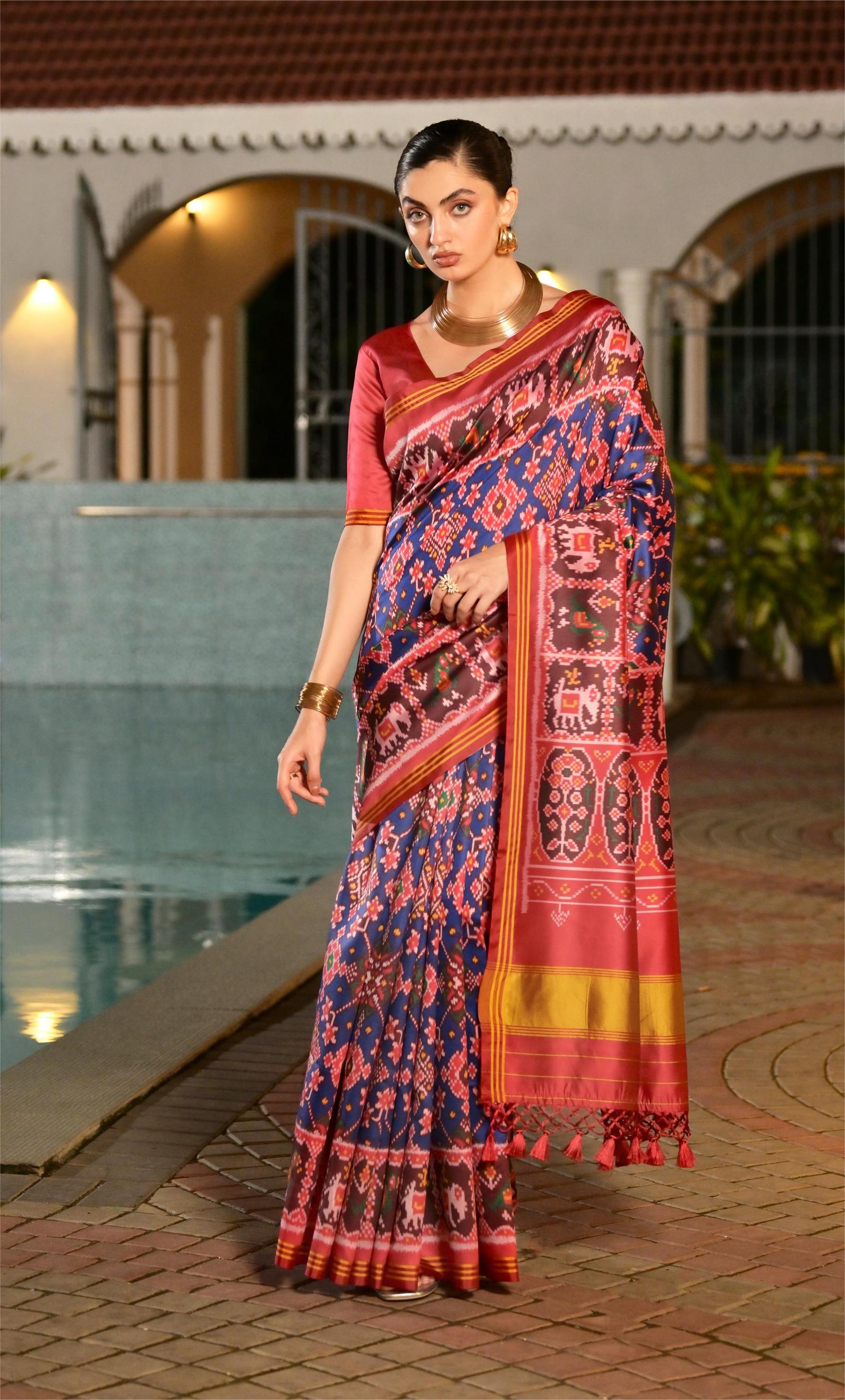Buy MySilkLove Mulled Wine Blue Printed Patola Soft Silk Saree Online