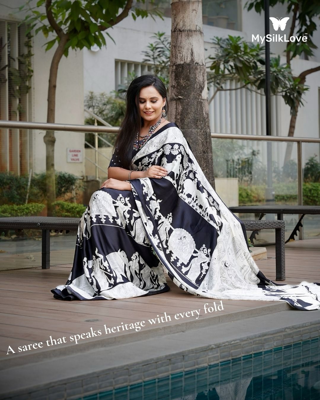 Buy MySilkLove Asher Black and White Patola Printed Satin Crepe Saree Online