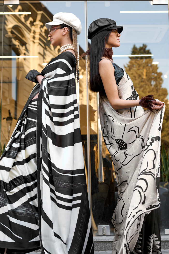 Buy MySilkLove Scarpa Flow Black and White Printed Satin Crepe Saree Online