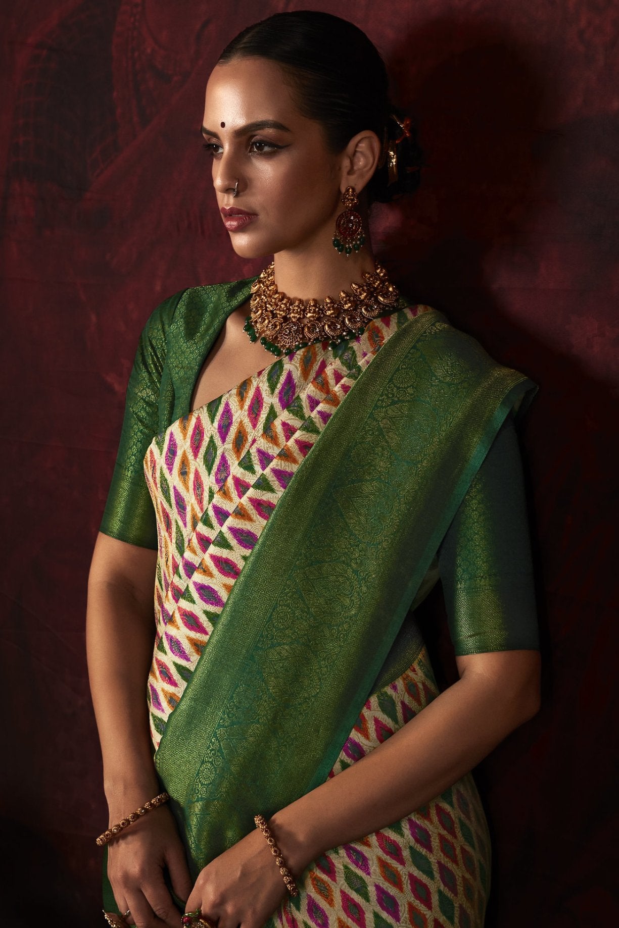 Buy MySilkLove Pavlova Cream and Green Banarasi Digital Printed Saree Online