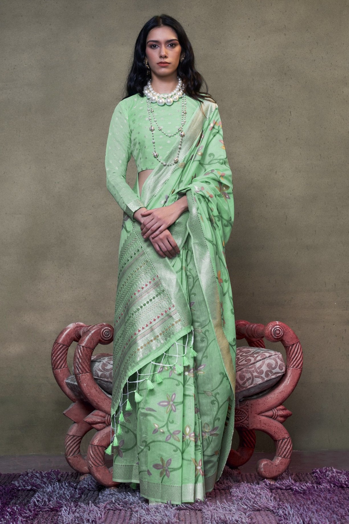 Buy MySilkLove Pista Green Handloom Jamdani Saree Online