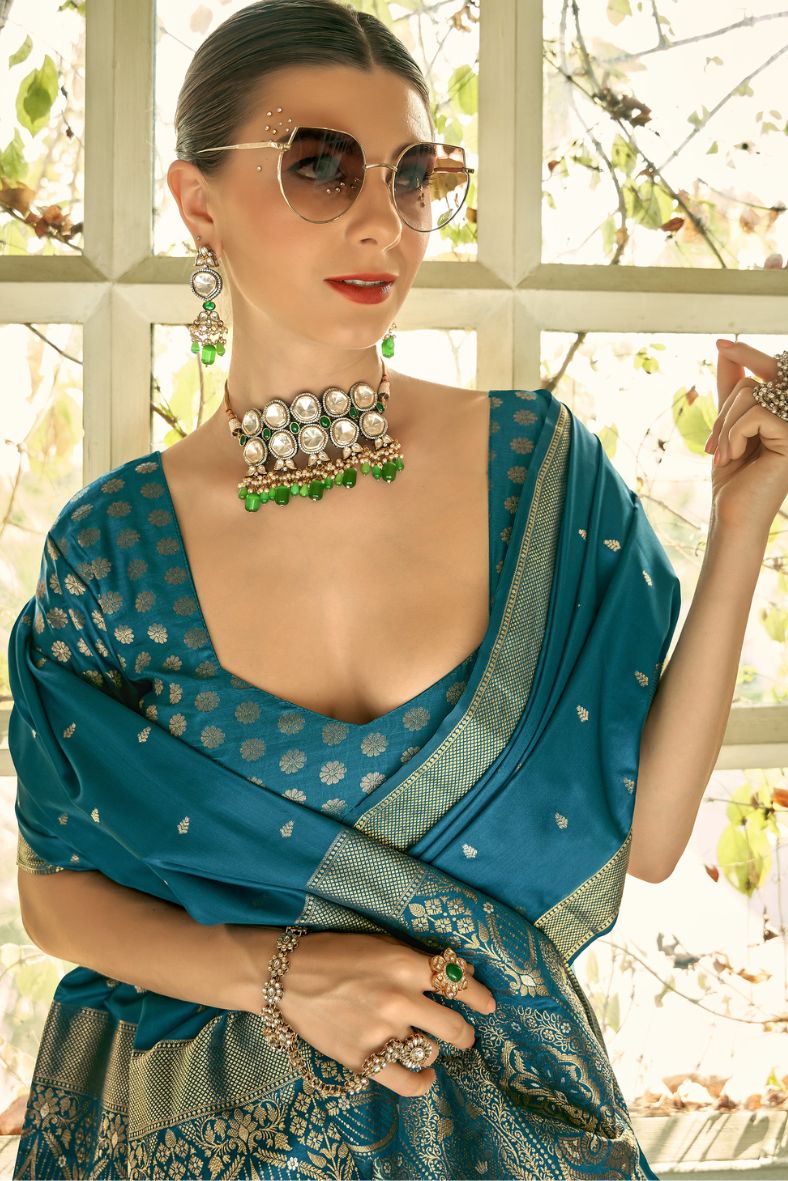 Buy MySilkLove Jelly Bean Blue Woven Banarasi Silk Saree Online