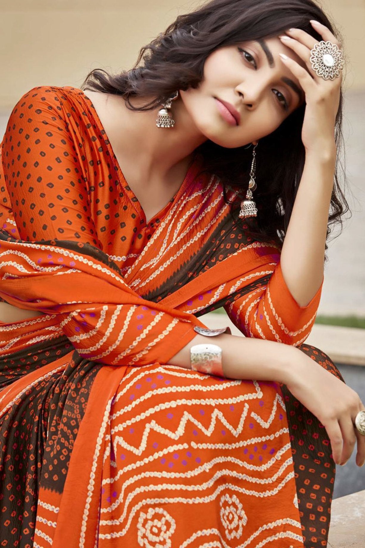 MySilkLove Brown Derby Orange Gaji Bandhani Silk Saree