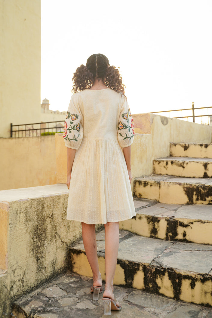 Ivory Pearl White Thread Handmade Embroidery Dress