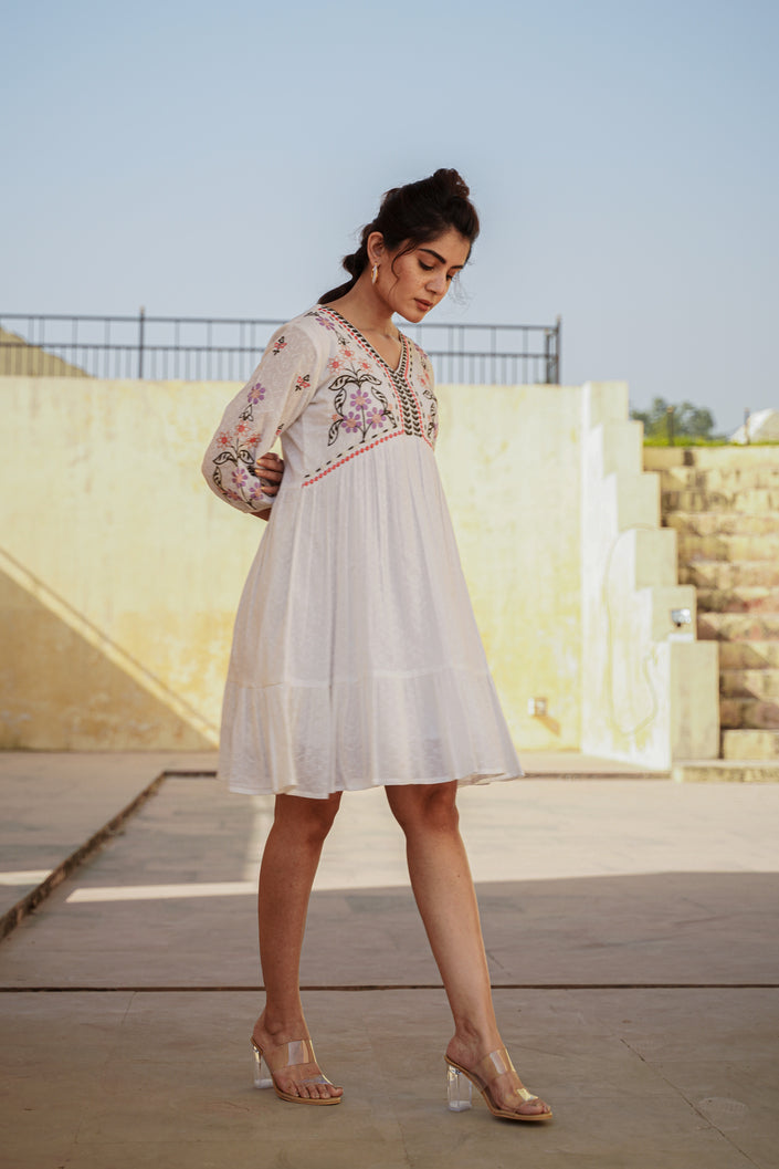 MySilkLove Soft White Thread Handmade Embroidery Dress