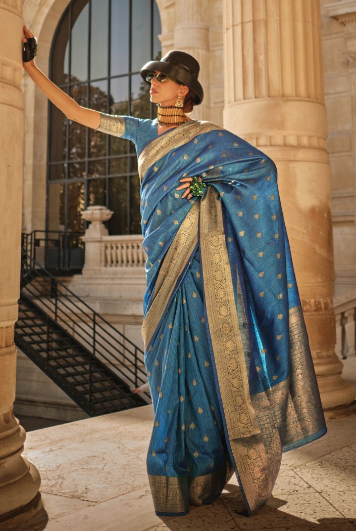 Buy MySilkLove Cello Blue Banarasi Handloom Khadi Silk Saree Online