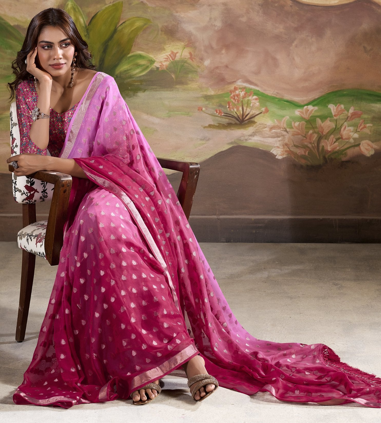 Buy MySilkLove Night Shadz Pink Banarasi Georgette Saree Online