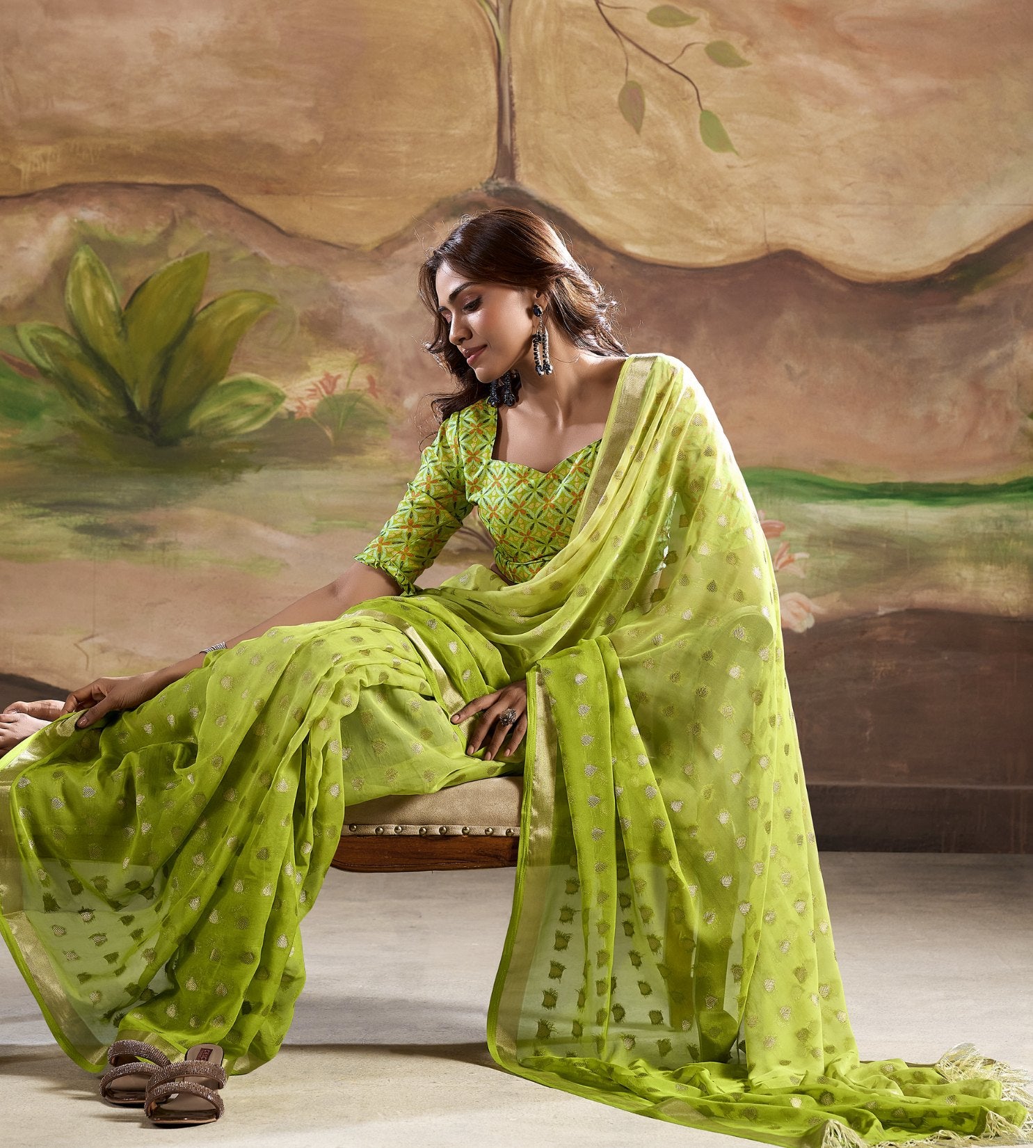 Buy MySilkLove Celery Green Banarasi Georgette Saree Online