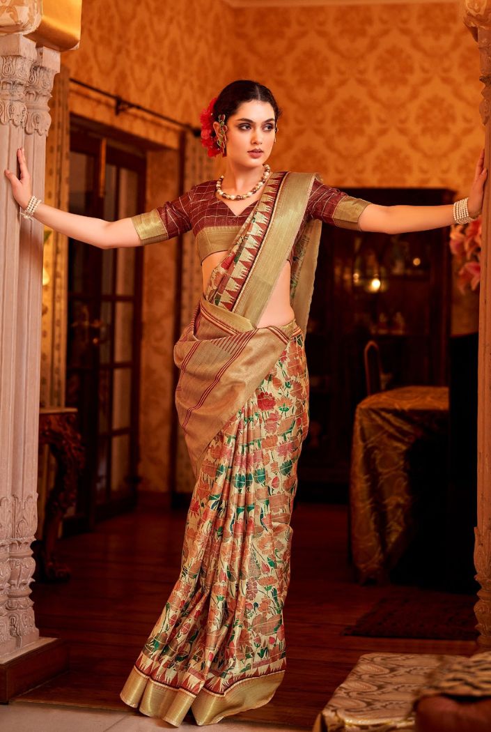 Buy MySilkLove Chestnut Brown Manipuri Candy Temple Border Pichwai Saree Online