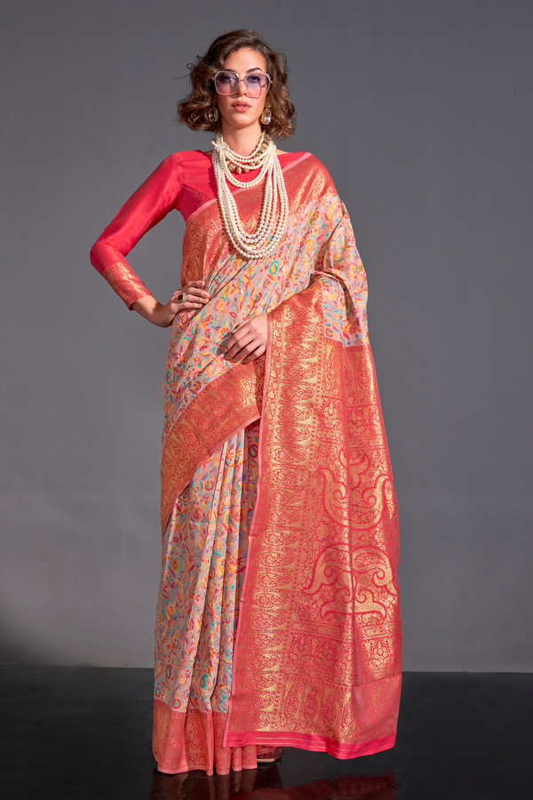 Sunglo Peach Kashmiri Handloom Silk Saree
