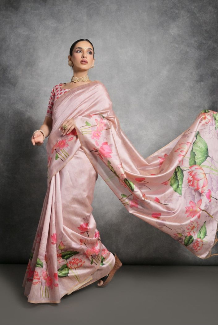 MySilkLove Pink Sherbert Floral Printed Tussar Silk Saree